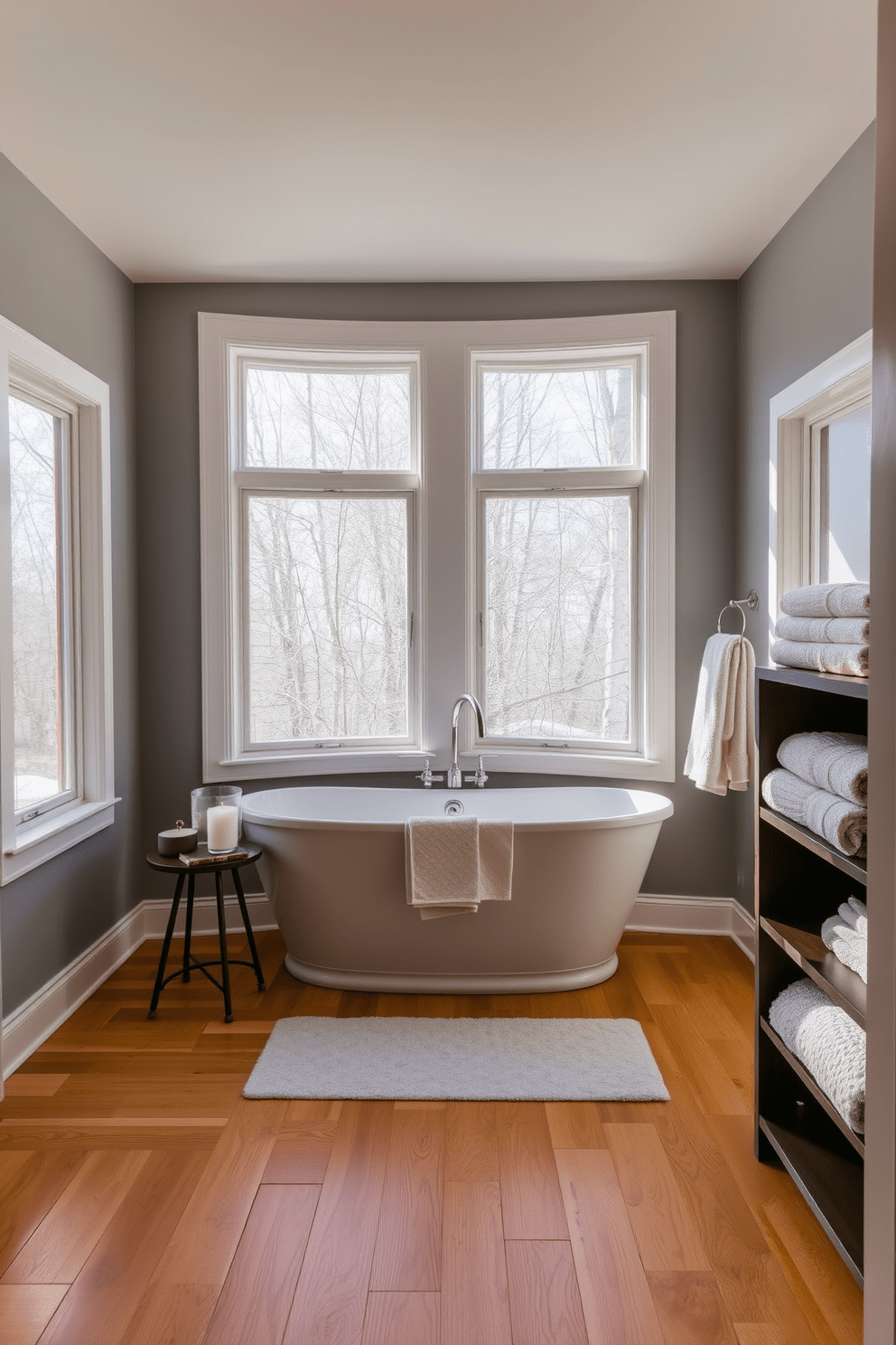 A serene master bathroom featuring a freestanding tub nestled in a cozy nook surrounded by large windows that let in natural light. The walls are painted in a soft gray hue, and the floor is adorned with warm wooden planks that create a welcoming atmosphere. Next to the tub, there is a small side table with a candle and a book for relaxation. Plush towels in neutral tones are neatly arranged on a nearby shelf, enhancing the overall comfort of the space.