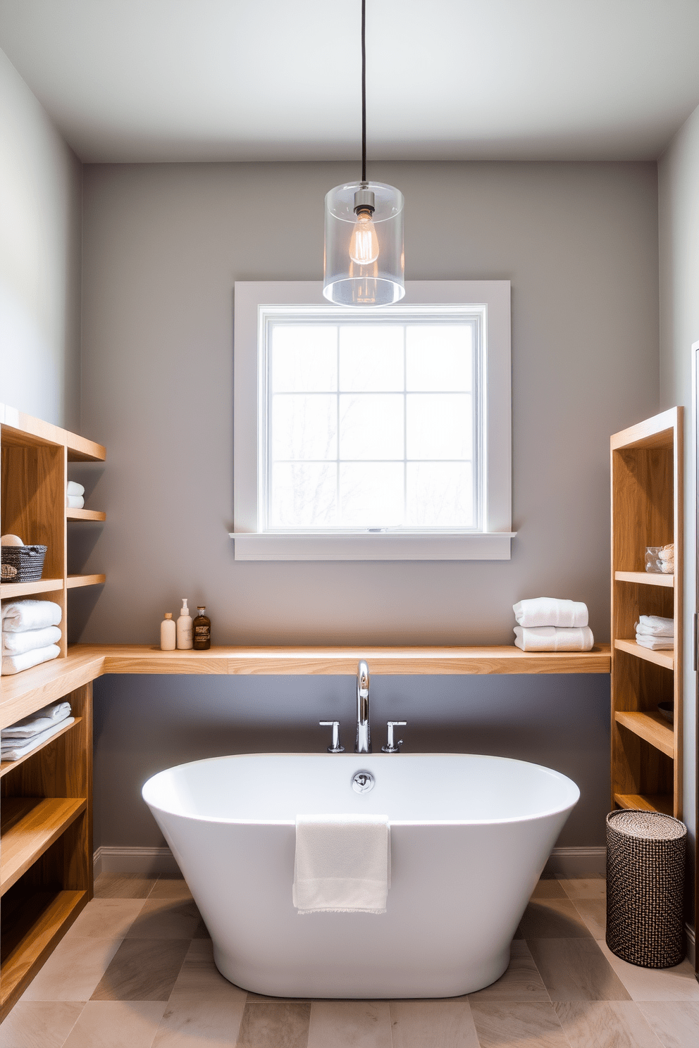 A master bathroom featuring open shelving for easy access to toiletries and towels. The shelves are made of natural wood, complementing a freestanding soaking tub positioned under a large window. The walls are painted in a soft grey tone, creating a serene atmosphere. Elegant pendant lights hang above the tub, casting a warm glow over the space.