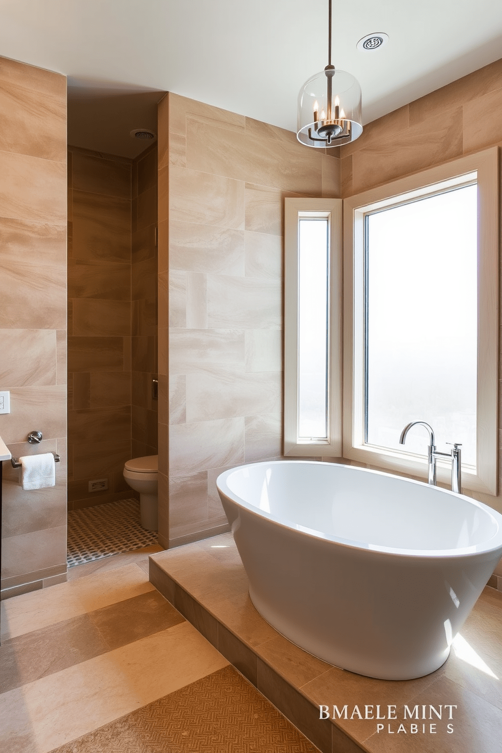 A luxurious master bathroom featuring textured tiles that add visual interest to the space. The walls are adorned with large, patterned tiles in soft earth tones, creating a warm and inviting atmosphere. The centerpiece is a freestanding soaking tub positioned under a large window, allowing natural light to flood the room. Elegant pendant lights hang above the tub, enhancing the serene ambiance of this spa-like retreat.