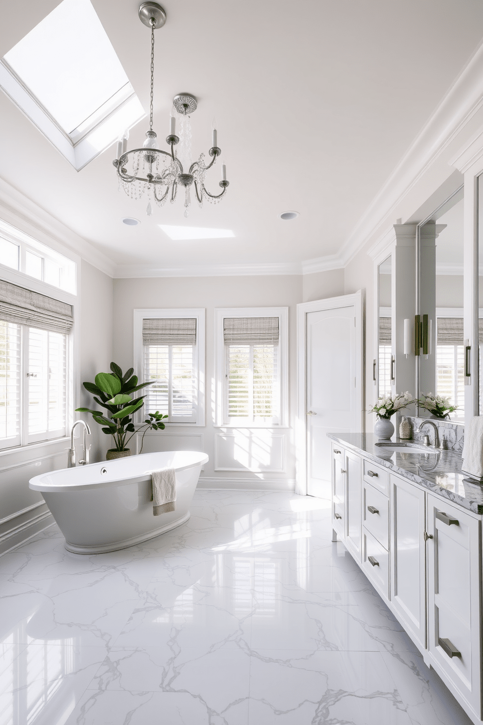 Heated floors create a luxurious and inviting atmosphere in a master bathroom. The space features elegant fixtures and finishes that enhance both comfort and style. Natural light floods the room through large windows, illuminating the soft color palette of whites and grays. A freestanding soaking tub sits gracefully in the corner, complemented by a chic chandelier overhead. The double vanity boasts sleek cabinetry with polished stone countertops, providing ample storage and workspace. Thoughtfully chosen accessories and greenery add a touch of warmth and personality to the decor.