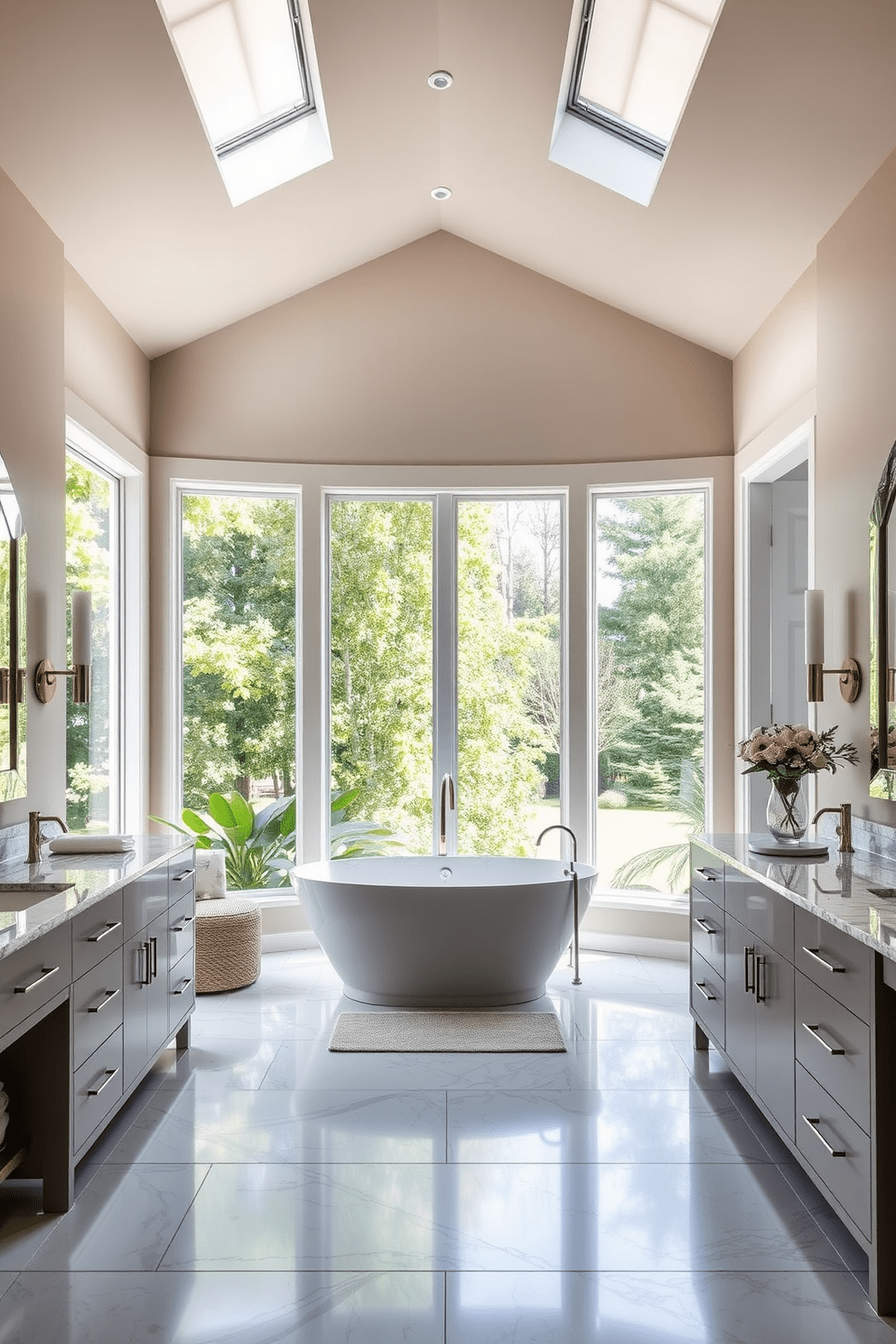 A spacious master bathroom with large windows allowing abundant natural light to flood the space. The design features a freestanding soaking tub positioned beneath the windows, surrounded by lush greenery for a serene atmosphere. Elegant double vanities with sleek marble countertops and modern fixtures are situated opposite the tub. Soft, neutral tones on the walls and luxurious textiles create a calming and inviting environment.