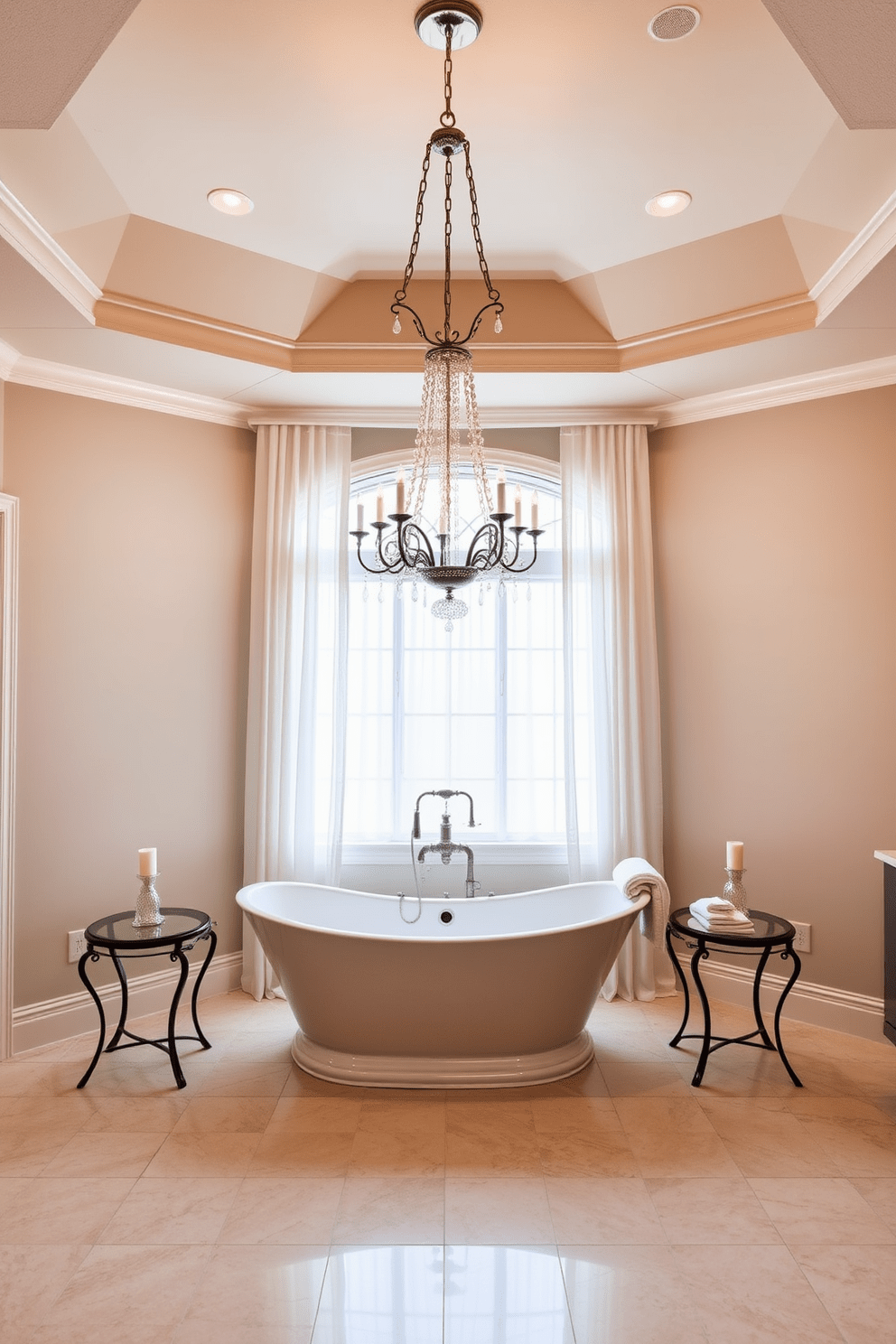 An elegant chandelier hangs gracefully in the center of the master bathroom, casting a warm glow across the space. The walls are adorned with soft, neutral tones, creating a serene backdrop for the luxurious fixtures. A freestanding soaking tub sits beneath a large window, framed by sheer white curtains that allow natural light to filter through. Flanking the tub are stylish side tables, each holding a decorative candle and a plush towel for added comfort.