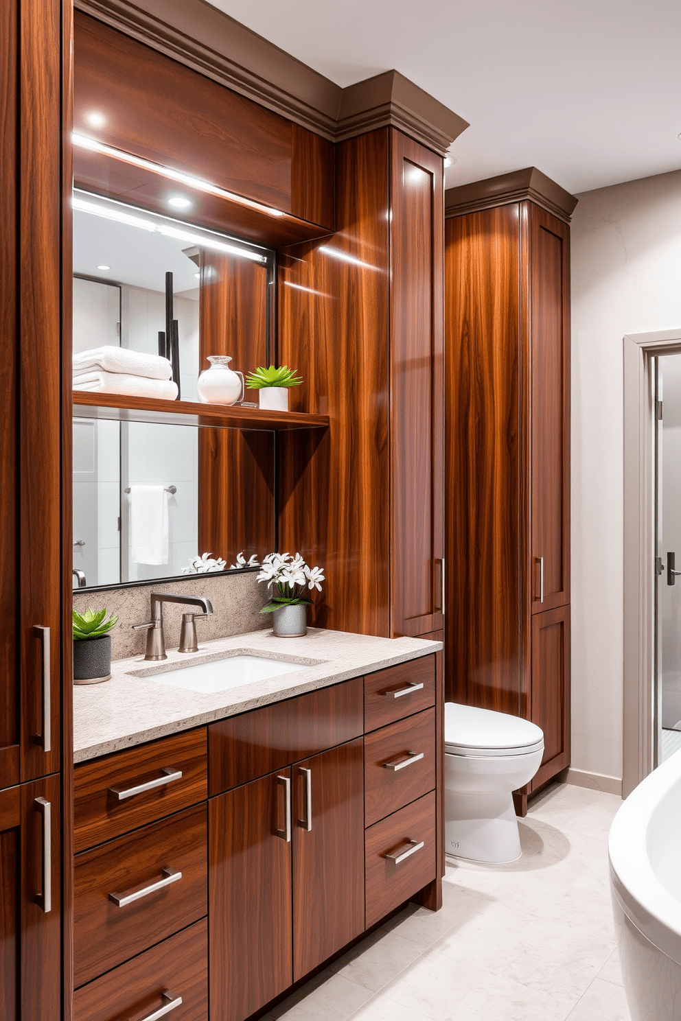 A master bathroom featuring integrated storage solutions that blend seamlessly with the overall design. The cabinetry is crafted from rich wood with a glossy finish, offering ample space for towels and toiletries while maintaining a clean aesthetic. Stylish open shelving is incorporated above the vanity, displaying neatly arranged decorative items and plants. The space is illuminated by soft lighting that highlights the elegant finishes and enhances the tranquil atmosphere.