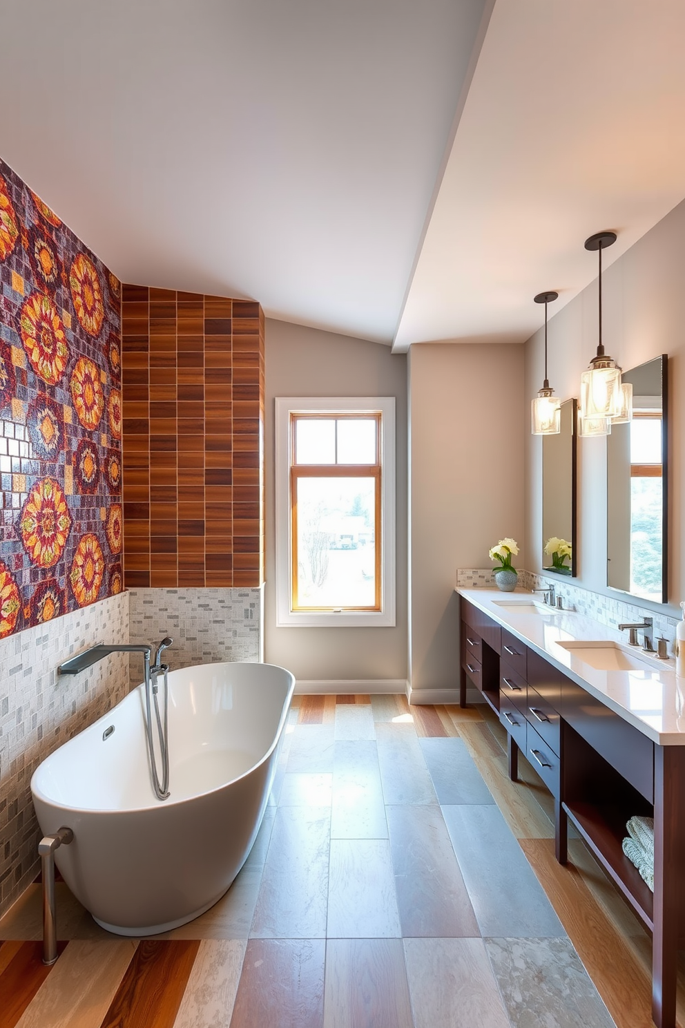 Create a master bathroom featuring an accent wall adorned with decorative tiles in vibrant colors. The space includes a freestanding soaking tub positioned beneath a large window that allows natural light to flood in, enhancing the overall ambiance. Incorporate a spacious double vanity with elegant fixtures and a sleek countertop, complemented by stylish pendant lighting above. The flooring is a mix of polished stone and warm wood, creating a harmonious balance between luxury and comfort.