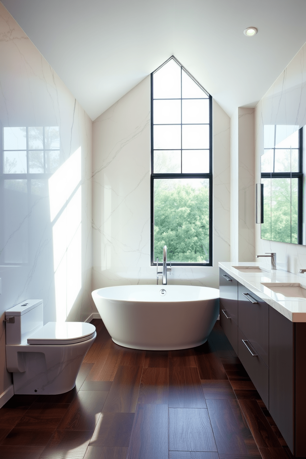 A luxurious master bathroom featuring a sleek bidet for modern convenience. The space includes a freestanding soaking tub positioned under a large window with natural light flooding in. The walls are adorned with elegant marble tiles, and the flooring is a rich dark hardwood. A double vanity with contemporary fixtures complements the overall design, providing ample storage and style.