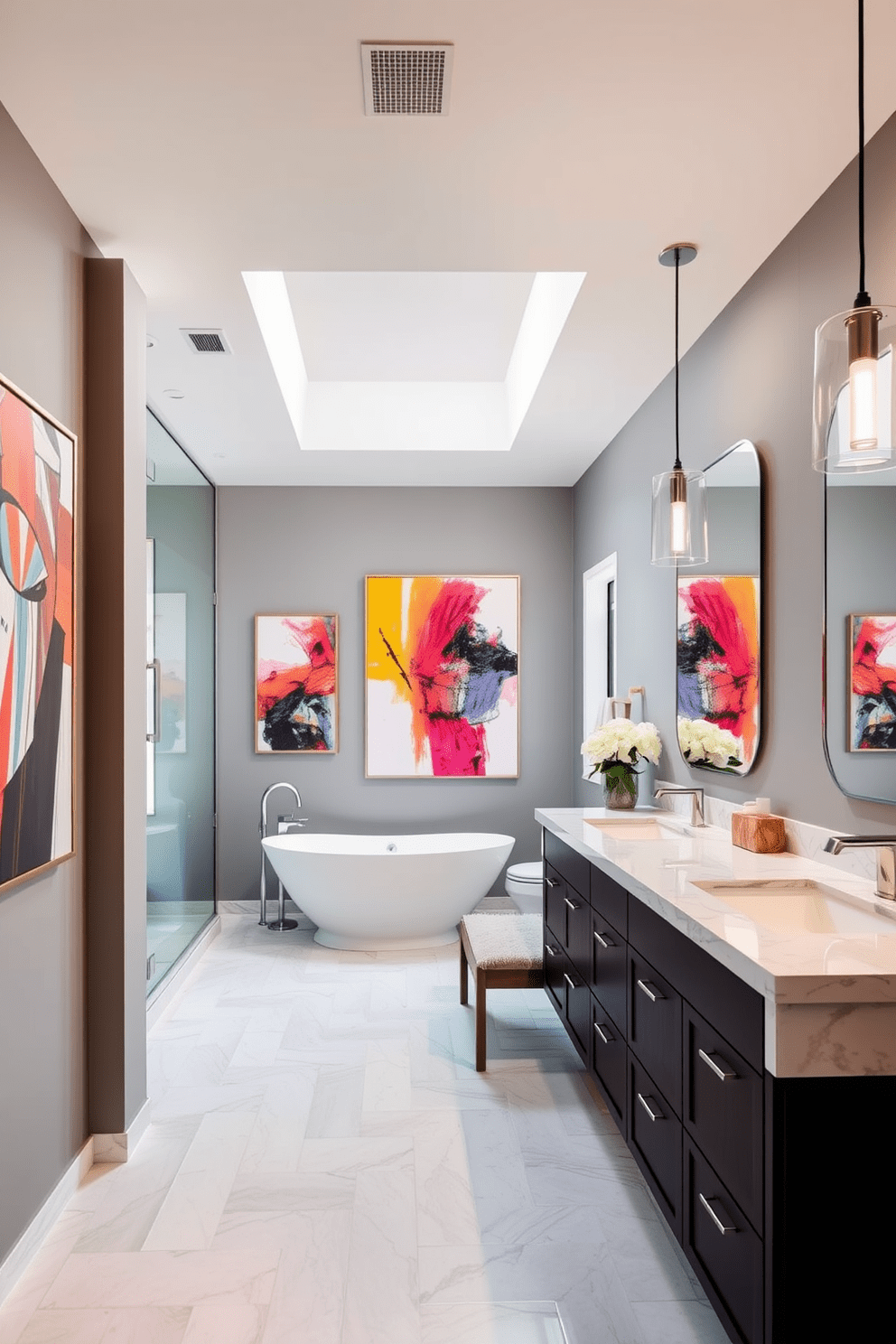 A luxurious master bathroom featuring contemporary art pieces that add a touch of personality. The space includes a freestanding soaking tub positioned near a large window, allowing natural light to flood in. On the walls, vibrant abstract paintings create a striking contrast against the soft gray paint. A sleek double vanity with a quartz countertop complements the modern aesthetic, while stylish pendant lights hang above for added elegance.