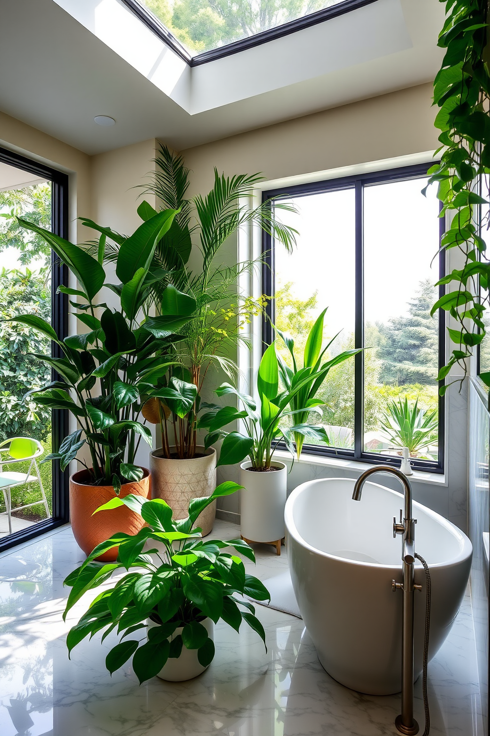 A serene master bathroom oasis filled with lush greenery. The space features large potted plants strategically placed near the soaking tub and window. Elegant marble tiles cover the floor, complemented by a freestanding tub with a modern faucet. Above the tub, a large window allows natural light to flood the room, enhancing the vibrant greenery.