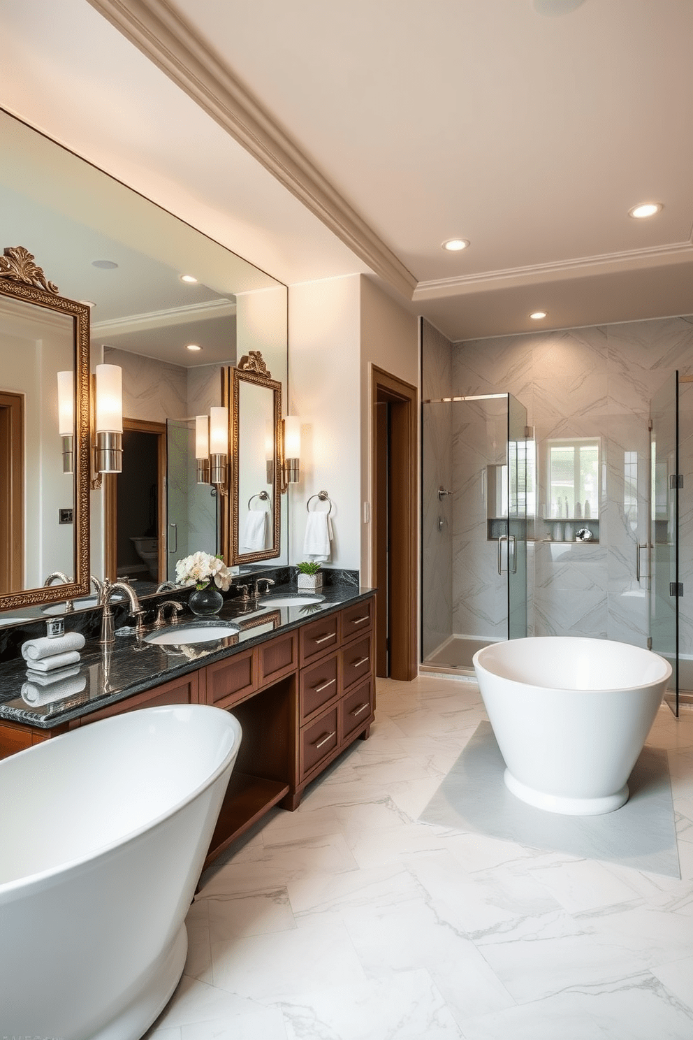 A luxurious master bathroom featuring a double vanity with elegant mirrors above. The space is adorned with soft lighting, a freestanding soaking tub, and a spacious walk-in shower with glass doors.