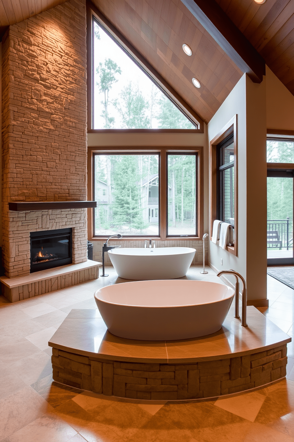 A freestanding fireplace creates a warm and inviting ambiance in the master bathroom. It is elegantly surrounded by natural stone, seamlessly integrating with the overall design of the space. The master bathroom features a spacious layout with a soaking tub positioned near the fireplace. Large windows allow natural light to flood in, enhancing the serene atmosphere.