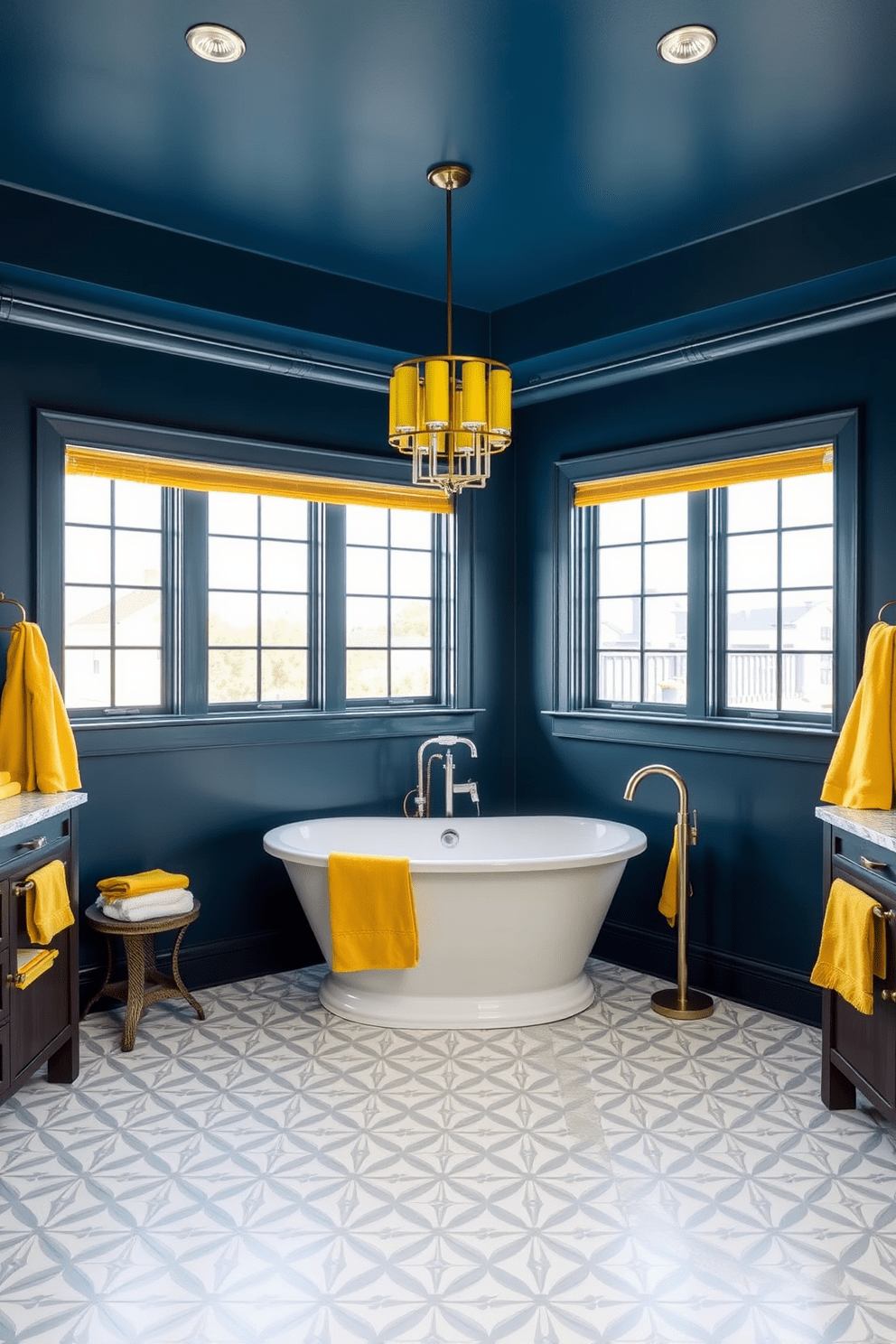 A luxurious master bathroom with bold color accents that add vibrancy to the space. The walls are painted a deep navy blue, complemented by bright yellow towels and accessories that create a striking contrast. A freestanding soaking tub sits elegantly in the center, surrounded by geometric patterned tiles in shades of white and gray. Large windows allow natural light to flood the room, enhancing the rich colors and creating a warm, inviting atmosphere.