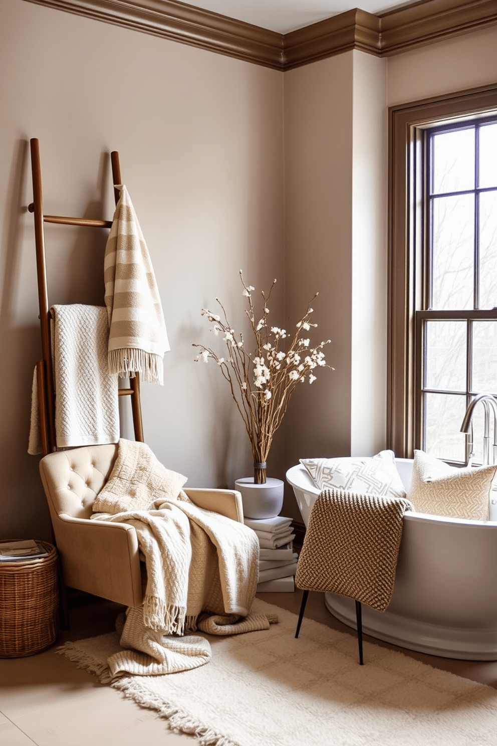 A master bathroom designed for relaxation and elegance features layered textiles that create a warm and inviting atmosphere. Soft, plush towels in neutral tones are draped over a chic ladder rack, while a cozy throw blanket is casually placed on a stylish armchair in the corner. The space includes a freestanding soaking tub surrounded by a collection of decorative pillows that enhance the luxurious feel. A large, framed window allows natural light to flood the room, highlighting the rich textures and soothing color palette.