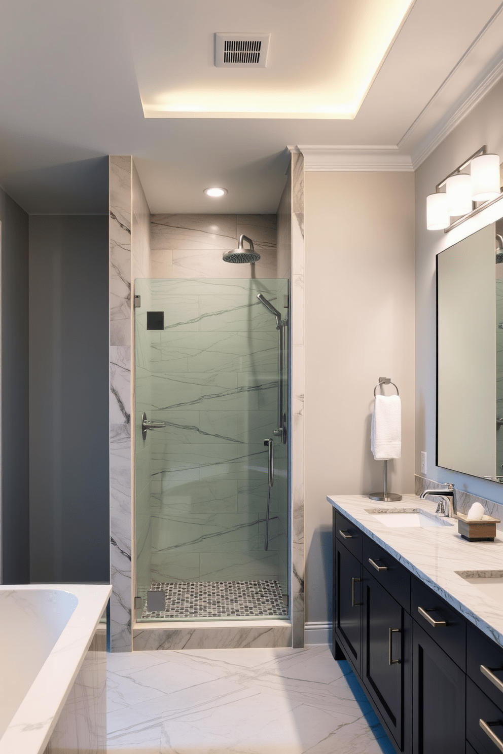 A luxurious master bathroom featuring a spacious walk-in shower with a sleek glass enclosure. The shower is adorned with elegant tiles and a rainfall showerhead, creating a spa-like atmosphere. The overall design includes a double vanity with polished stone countertops and stylish fixtures. Soft ambient lighting enhances the serene color palette of soft grays and whites throughout the space.