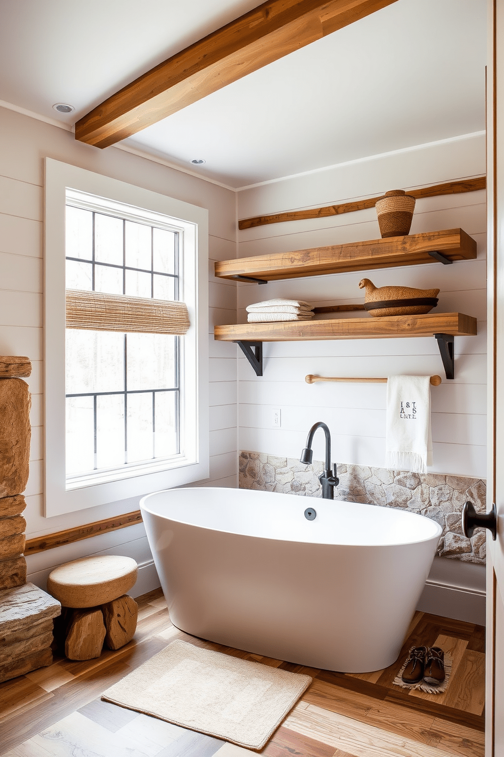 A master bathroom design featuring rustic wood accents that create a warm and inviting atmosphere. The focal point is a freestanding soaking tub surrounded by reclaimed wood shelving and natural stone elements. The walls are adorned with shiplap in a soft white finish, complementing the warm wood tones. A large window allows natural light to flood the space, highlighting the earthy color palette and organic textures.