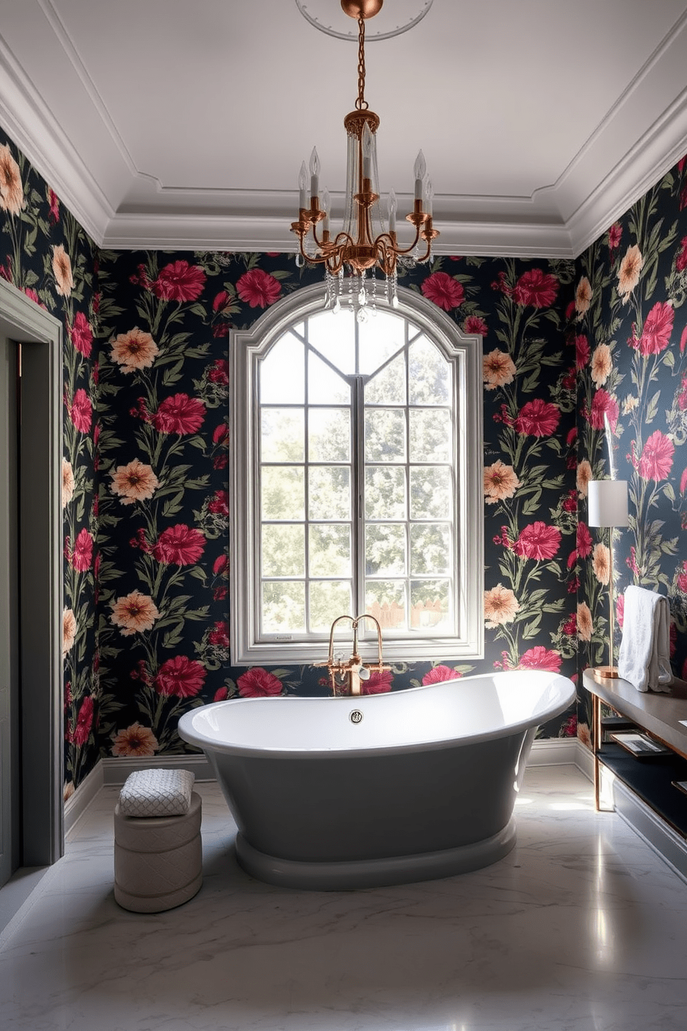 A stunning master bathroom featuring a bold wallpaper design on the statement wall. The wallpaper showcases a vibrant floral pattern that adds a touch of luxury and personality to the space. The room includes a freestanding soaking tub positioned under a large window, allowing natural light to flood in. Sleek brass fixtures and a chic chandelier enhance the elegant atmosphere of the bathroom.