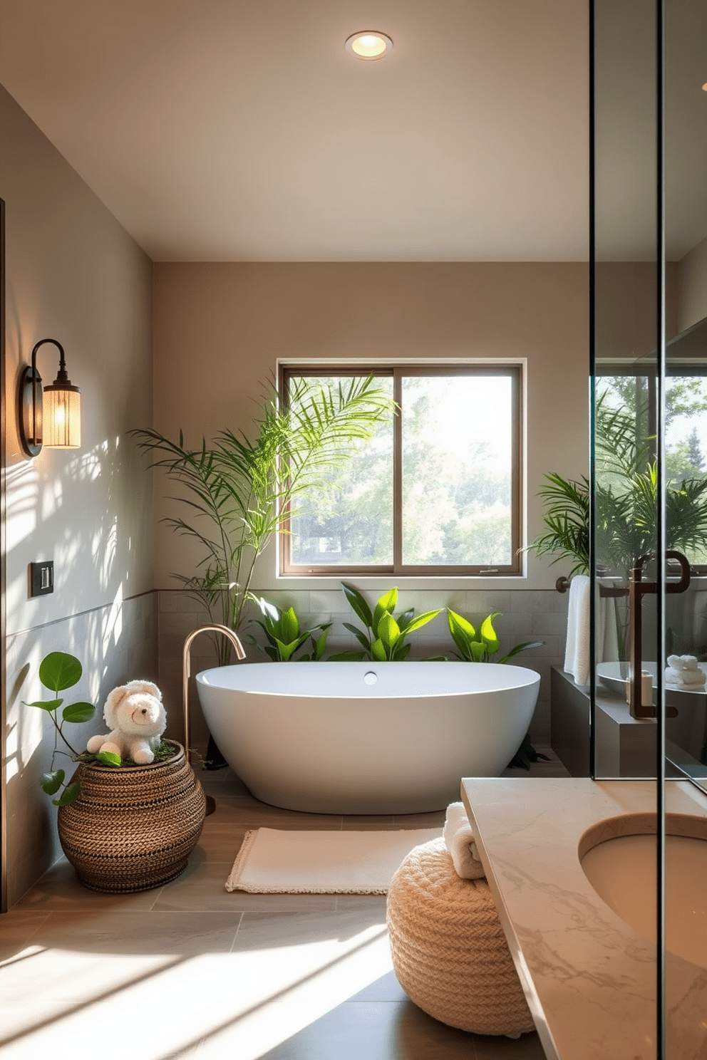 A serene master bathroom designed to evoke a spa-like atmosphere. Soft lighting creates a calming ambiance, highlighting the natural textures and finishes throughout the space. The centerpiece is a freestanding soaking tub surrounded by lush greenery. Elegant wall sconces provide gentle illumination, while a large window allows natural light to flood in, enhancing the tranquil feel.