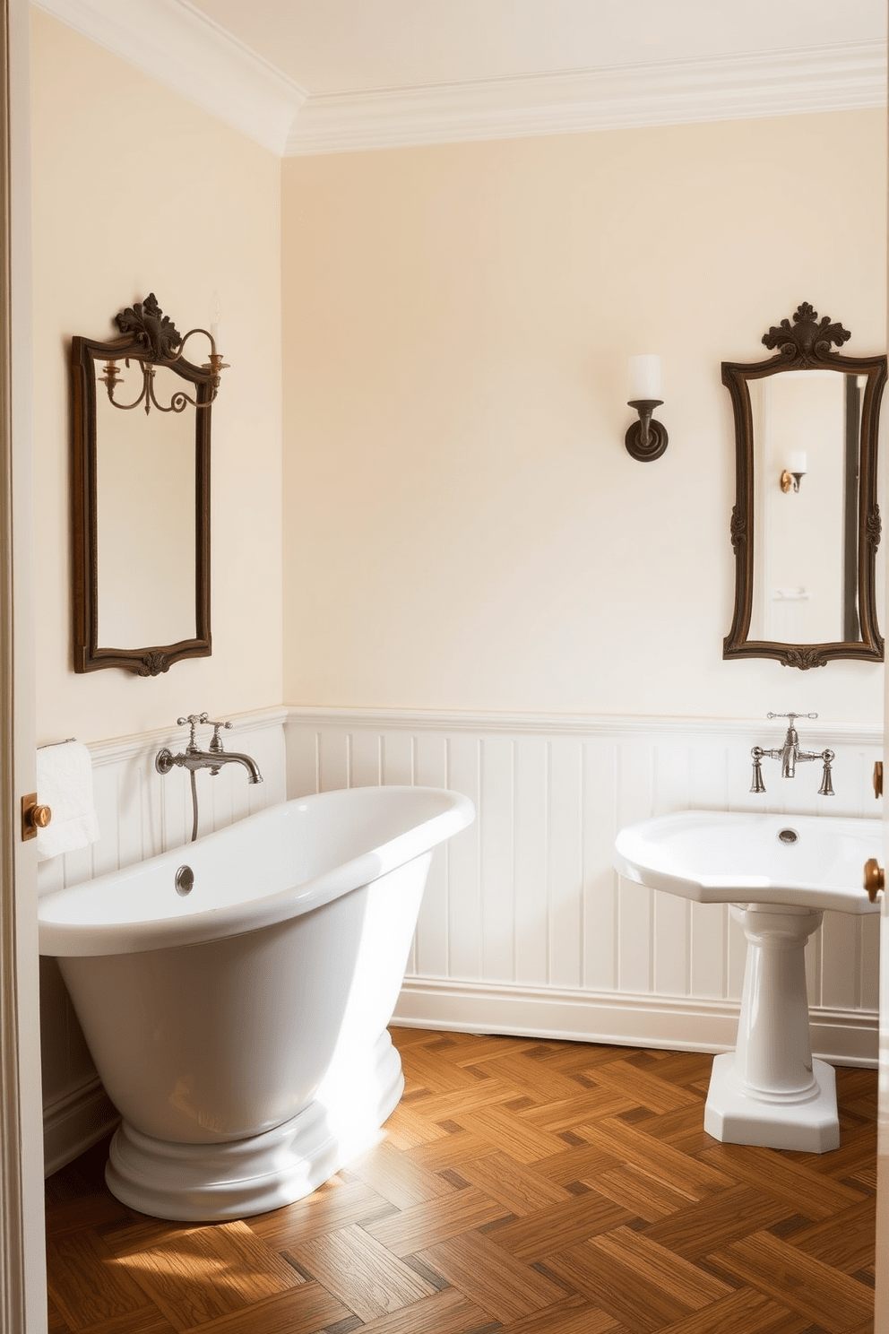 A master bathroom featuring vintage fixtures that exude classic charm. The space includes a freestanding clawfoot bathtub and a pedestal sink, both adorned with antique-style faucets. Elegant sconces with warm lighting flank the mirrors above the sink. The walls are painted in soft cream, complemented by a herringbone patterned wood floor for added texture.