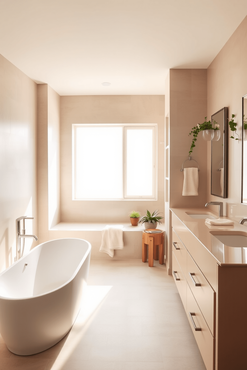 A serene master bathroom featuring a neutral color palette that promotes tranquility. The space includes a freestanding soaking tub with a matte white finish and a large window that allows natural light to fill the room. The walls are adorned with soft beige tiles, creating a warm and inviting atmosphere. A double vanity with sleek, minimalist design and brushed nickel fixtures complements the overall aesthetic. Large fluffy towels in muted tones are neatly arranged on open shelves for easy access. Potted greenery adds a touch of freshness, enhancing the calming environment.