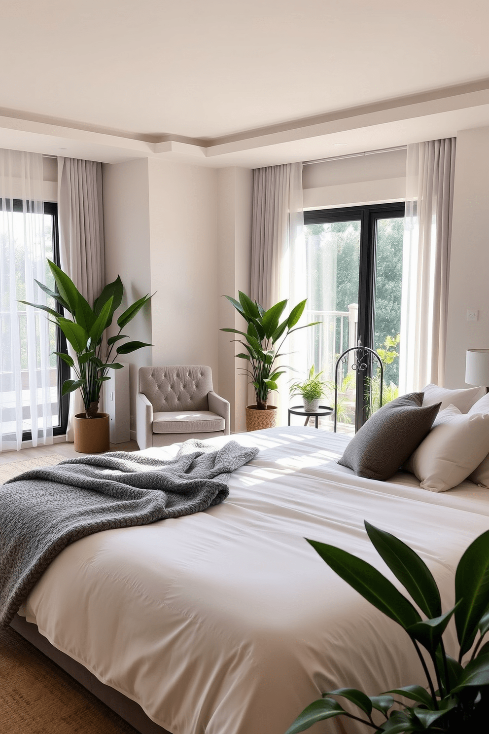 A serene master bedroom setting with a king-sized bed dressed in soft white linens and a plush gray throw blanket. Floor-to-ceiling windows allow natural light to fill the room, with sheer curtains gently swaying in the breeze. In one corner, a cozy reading nook features a comfortable armchair and a small side table. Lush indoor plants in decorative pots are strategically placed throughout the space to add freshness and a touch of nature.