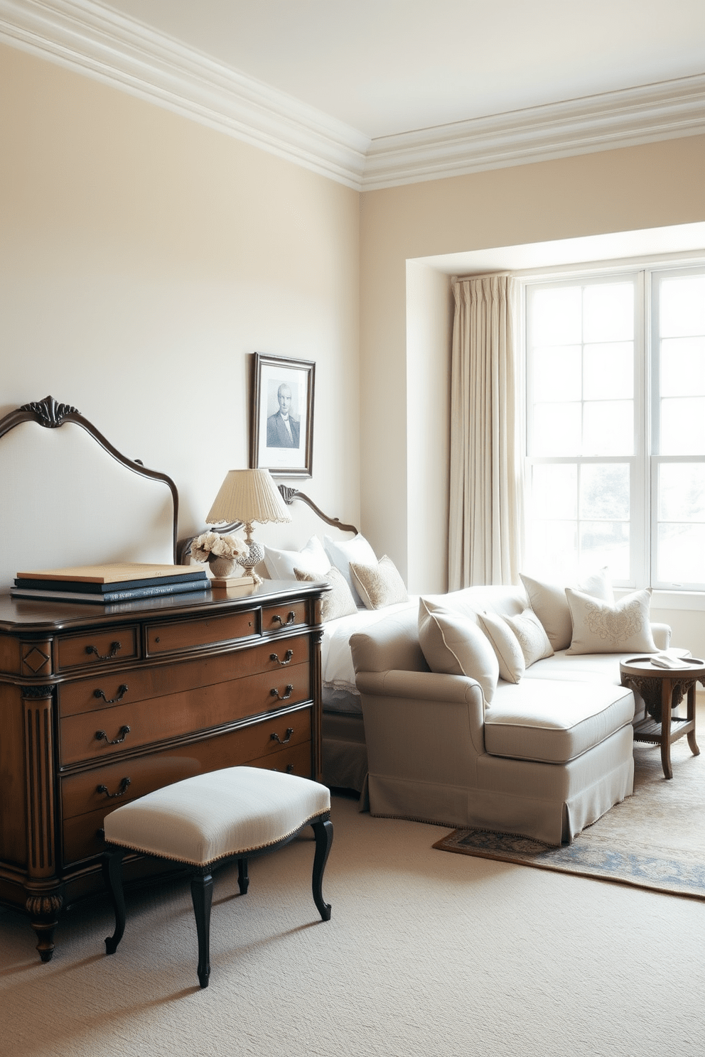 A master bedroom featuring a vintage dresser that adds character and charm to the space. The walls are painted in a soft cream color, and a large window allows natural light to fill the room. The bed is dressed in luxurious linens with a plush headboard that complements the vintage aesthetic. A cozy seating area is arranged near the window, adorned with elegant throw pillows and a soft area rug.