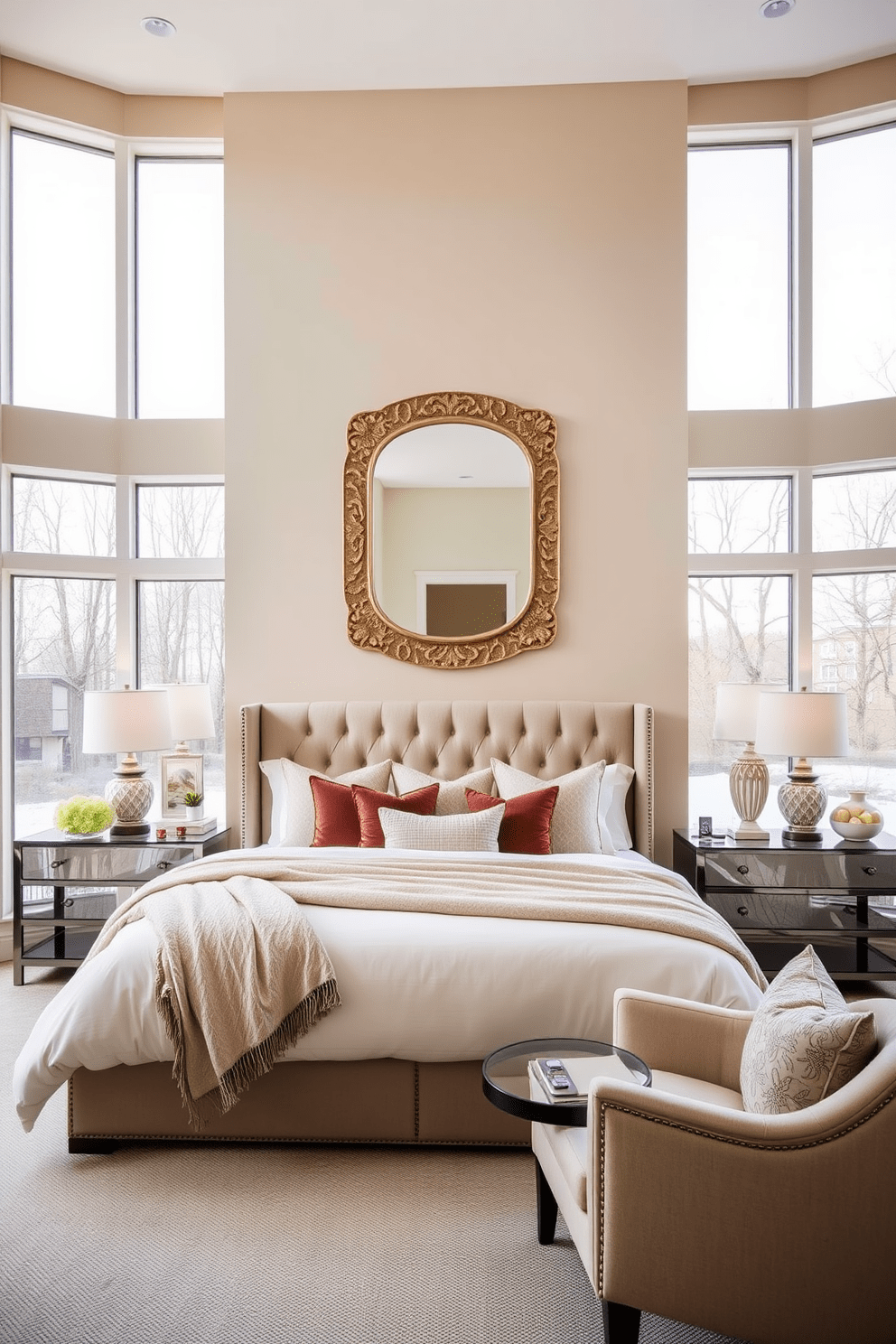 A serene master bedroom retreat featuring large floor-to-ceiling windows that flood the room with natural light. The walls are painted in a soft beige, and a plush king-sized bed with a tufted headboard is centered against the wall. On either side of the bed, elegant nightstands hold stylish lamps that cast a warm glow. A large decorative mirror hangs above the bed, reflecting the light and creating an illusion of more space in the room. The bedding is layered in luxurious textures, with soft throws and an assortment of pillows in calming tones. A cozy reading nook in the corner includes a comfortable armchair and a small side table, perfect for relaxation.