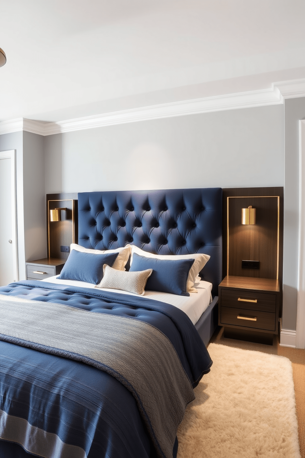 A custom headboard that combines elegance and functionality. It features a tufted fabric design in a rich navy blue, framed by polished brass accents that add a touch of luxury. The headboard extends to create built-in nightstands on either side, complete with integrated reading lights. The overall color scheme of the master bedroom includes soft gray walls and a plush cream area rug that enhances the serene atmosphere.