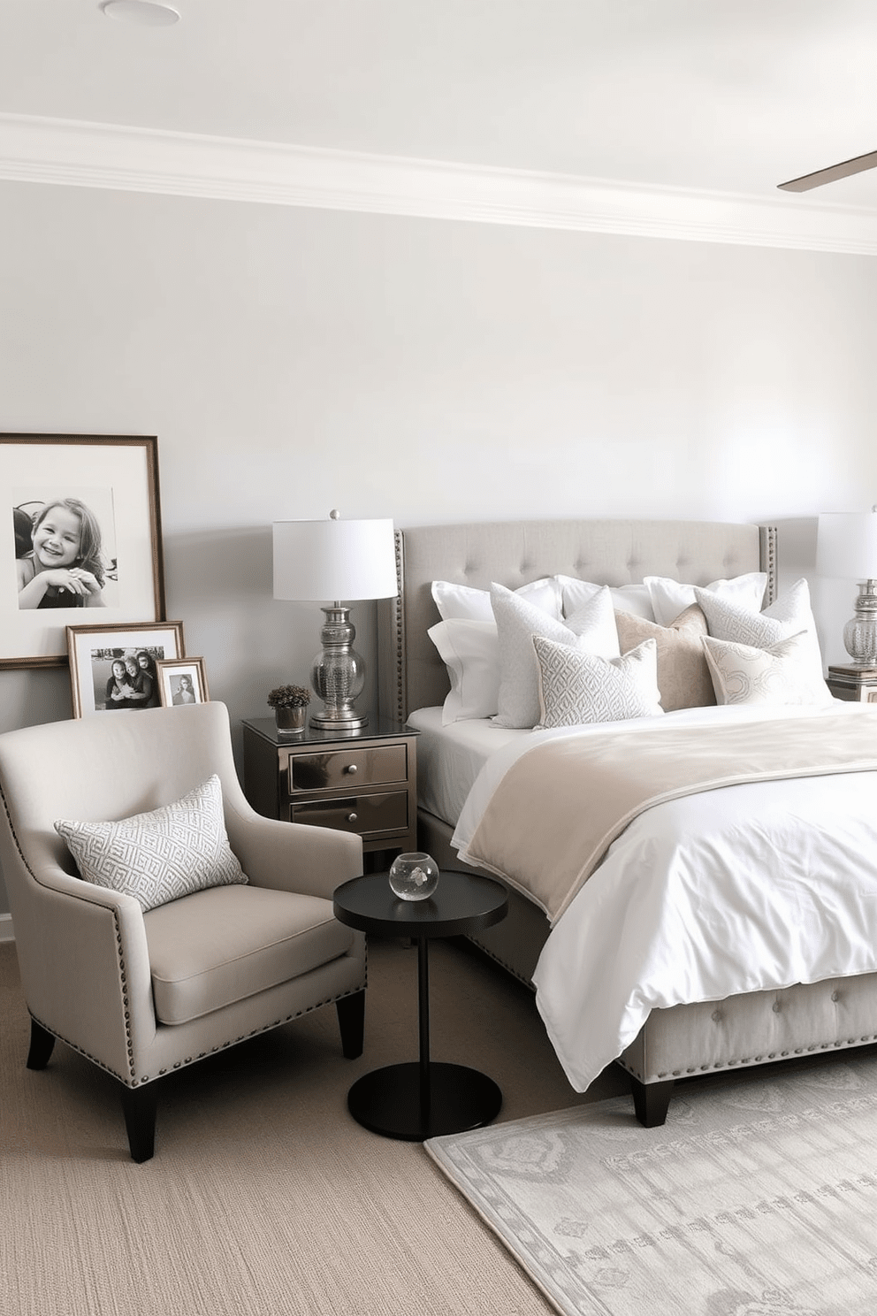 A serene master bedroom retreat featuring a plush king-size bed dressed in soft white linens and an assortment of decorative pillows. Beside the bed, two elegant nightstands hold framed photos of cherished memories, adding a personal touch to the space. The walls are painted in a calming light gray hue, complemented by a cozy area rug in muted tones. A stylish armchair sits in the corner, accompanied by a small side table, creating a perfect reading nook adorned with additional framed photographs.