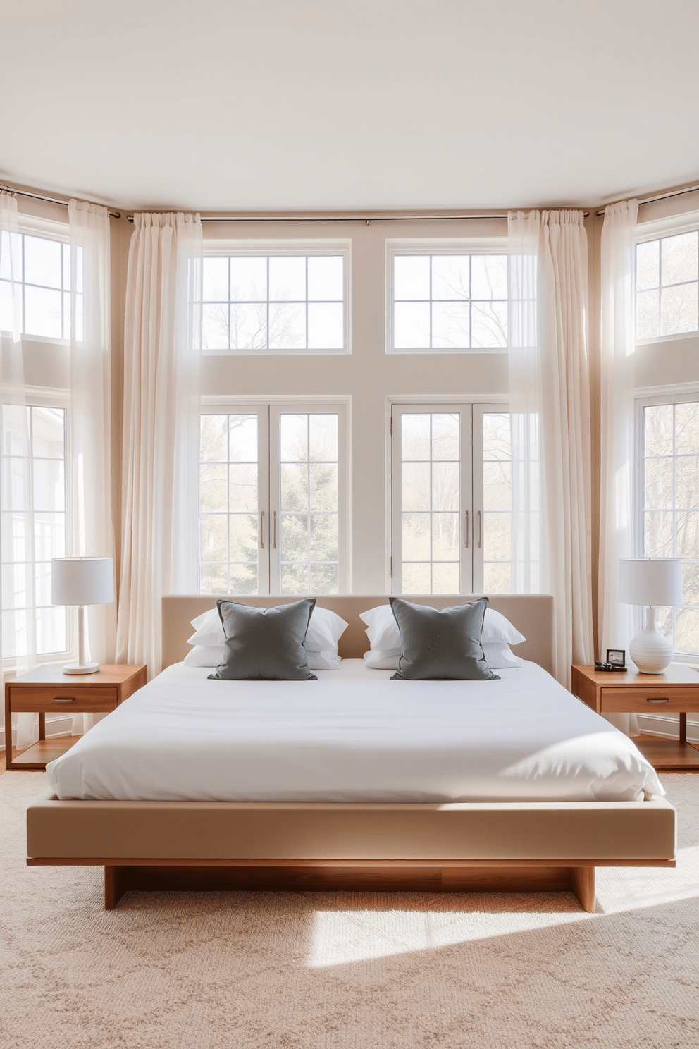 A serene master bedroom featuring a low-profile platform bed with crisp white linens and soft gray throw pillows. Large windows allow natural light to flood the space, complemented by sheer curtains that gently sway with the breeze. The walls are painted in a soft beige hue, creating a warm and inviting atmosphere. A simple wooden nightstand on either side of the bed holds minimalistic lamps, while a plush area rug adds comfort underfoot.