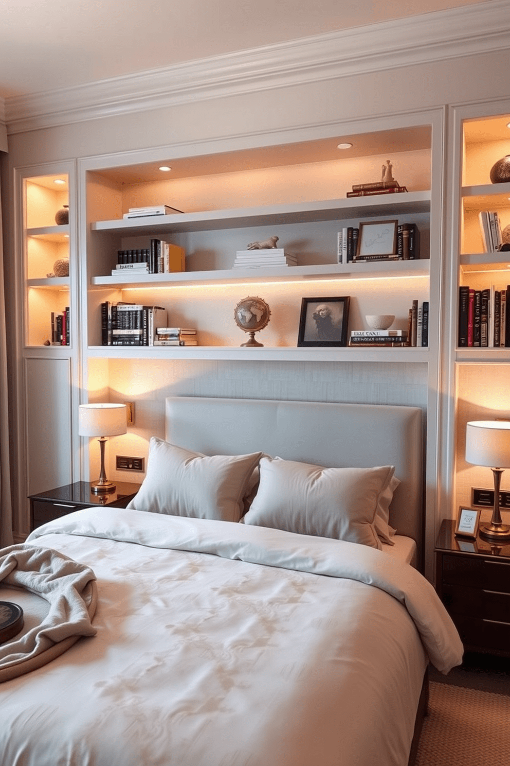 A serene master bedroom featuring built-in shelves for storage. The shelves are seamlessly integrated into the walls, adorned with books and decorative items, creating a cozy yet organized atmosphere. The bed is positioned against a soft, textured wall with a neutral headboard. Soft lighting from bedside lamps casts a warm glow, enhancing the tranquil ambiance of the space.