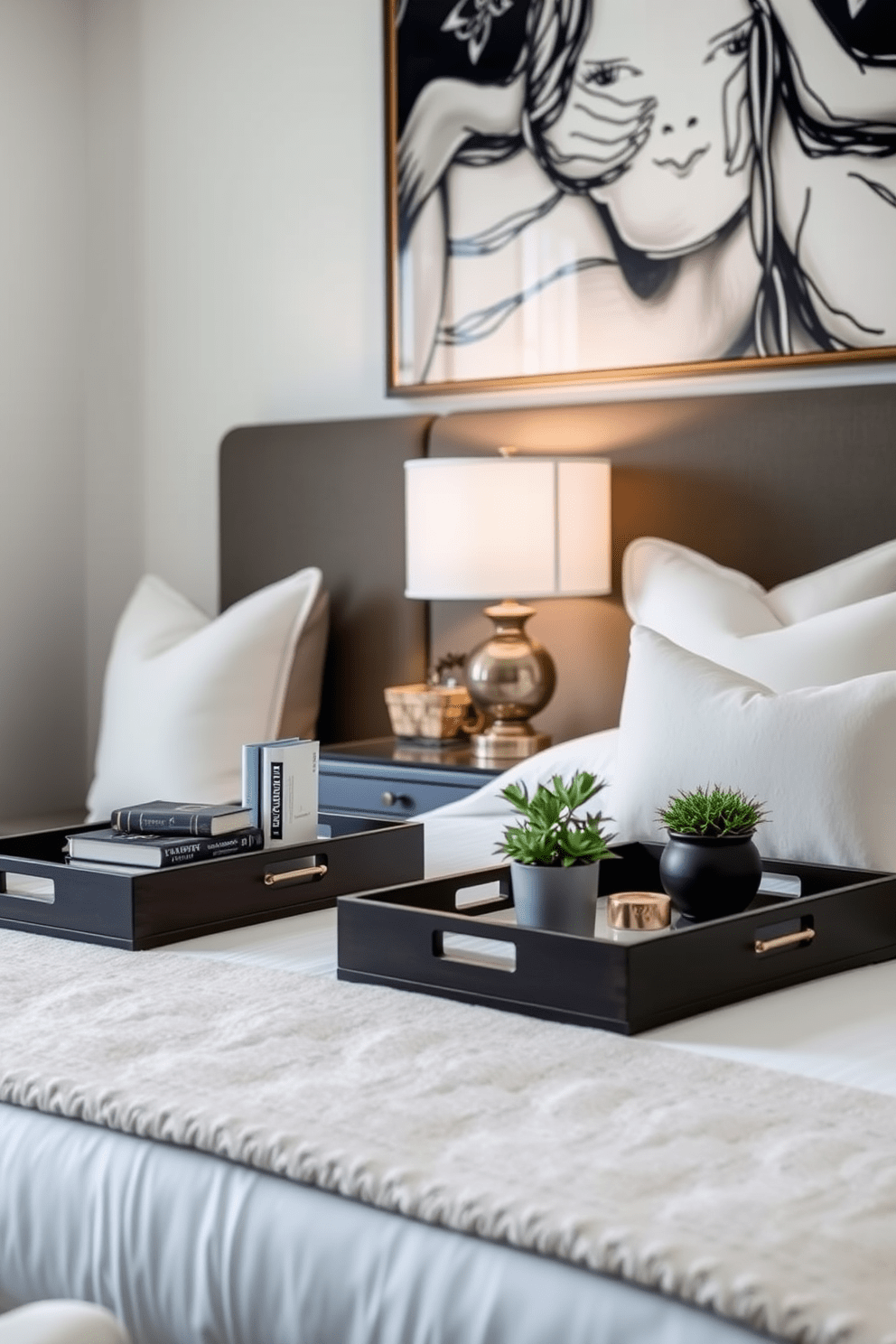 A master bedroom featuring elegant nightstands adorned with decorative trays for organization. The trays hold a selection of books, a stylish lamp, and a small potted plant, creating a serene and inviting atmosphere. The bed is dressed in luxurious linens with plush pillows, complemented by a soft throw blanket. A statement piece of artwork hangs above the headboard, adding a touch of sophistication to the space.