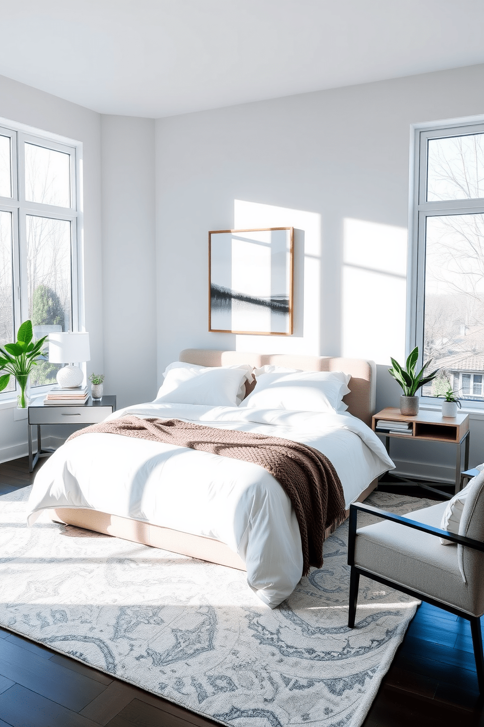 A serene master bedroom featuring a plush king-sized bed dressed in soft white linens and a cozy throw blanket draped over the foot of the bed. The walls are painted in a calming light gray, and large windows allow natural light to flood the room, highlighting a stylish area rug beneath the bed. On one side of the bed, a sleek nightstand holds a modern lamp and a stack of books, while the opposite side features a comfortable reading chair with a small side table. A statement artwork hangs above the bed, and potted plants add a touch of greenery to the space, creating a tranquil retreat.