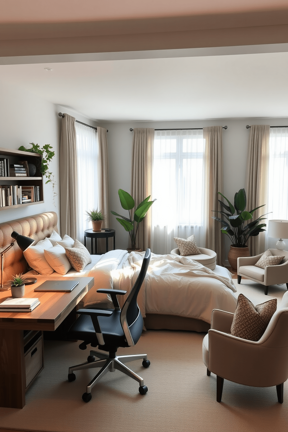 A cozy workspace corner designed for productivity. The desk is made of reclaimed wood and faces a large window, allowing natural light to flood the space. A comfortable ergonomic chair complements the desk, while a small bookshelf filled with inspiring books stands nearby. Potted plants add a touch of greenery, creating a refreshing atmosphere. A serene master bedroom featuring a king-sized bed with a plush upholstered headboard. Soft linens in neutral tones drape elegantly over the bed, accompanied by decorative pillows for added comfort. A pair of nightstands with stylish lamps flank the bed, while a cozy seating area with a reading chair sits in the corner. Large windows draped with sheer curtains allow gentle light to filter in, enhancing the tranquil ambiance.