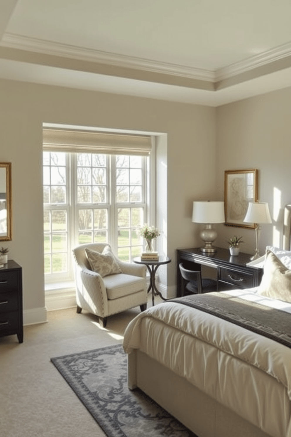 A serene master bedroom featuring a cozy reading nook by a large window. The nook is adorned with a plush armchair and a small side table, bathed in natural light from the window. The walls are painted in soft, calming hues, complemented by elegant bedding and decorative pillows on the bed. A stylish area rug anchors the space, while a bedside lamp provides warm illumination for evening reading.