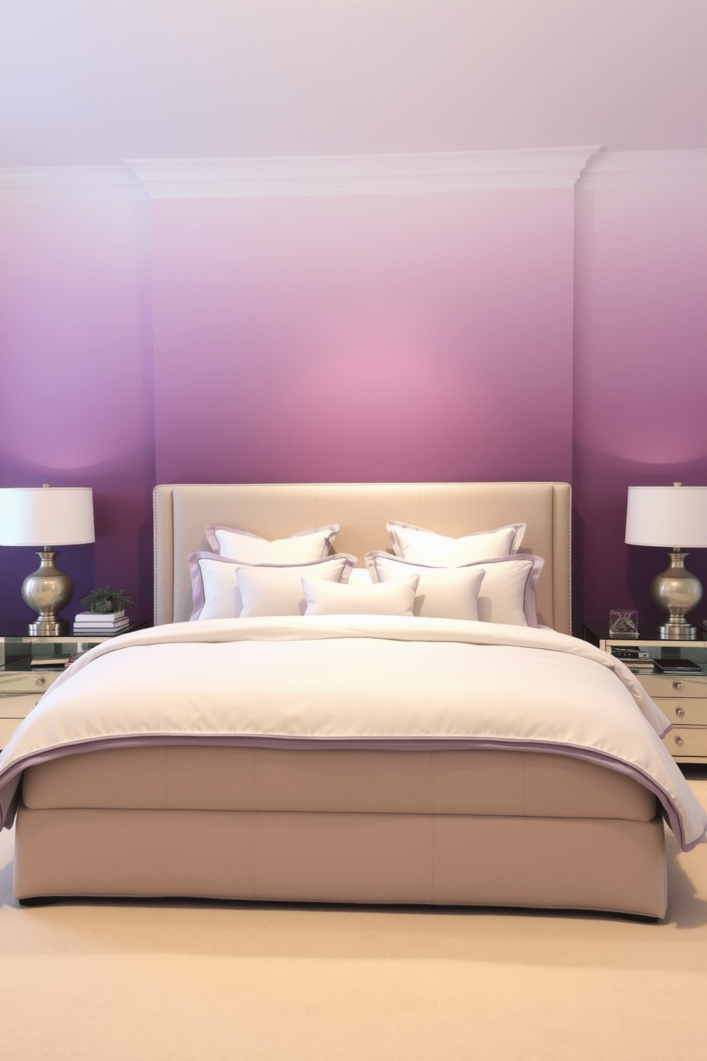 A serene master bedroom featuring a soft color gradient in decor. The walls transition from a light lavender at the top to a deeper plum at the bottom, creating a calming atmosphere. A plush king-sized bed is adorned with layered bedding in shades of cream and lavender. Beside the bed, elegant nightstands hold modern lamps with soft white shades, illuminating the space gently.