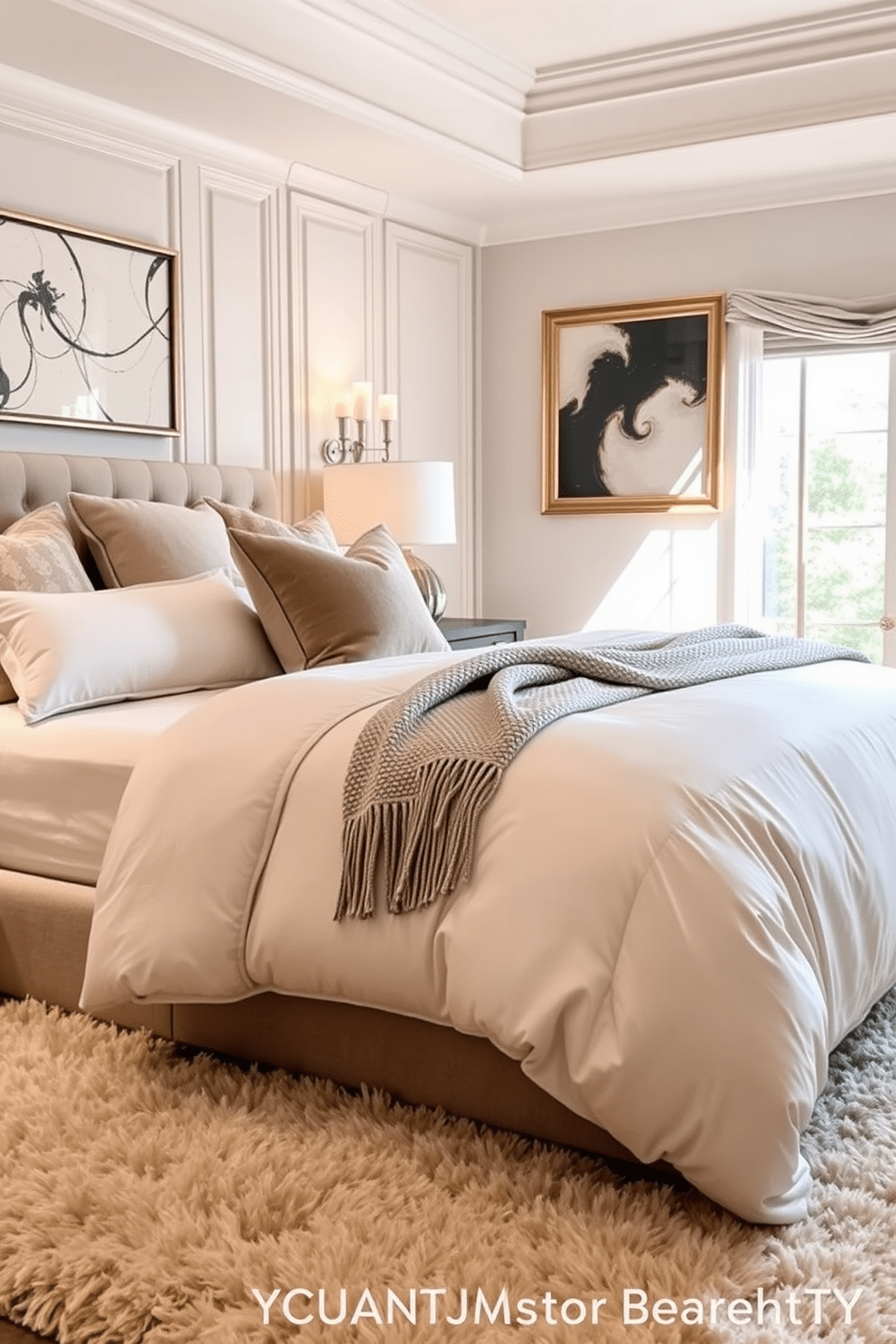 A luxurious master bedroom featuring layered bedding in soft neutral tones. The bed is dressed with a plush duvet, decorative pillows, and a textured throw blanket, creating an inviting and cozy atmosphere. The walls are adorned with elegant artwork, and a stylish bedside table holds a modern lamp. A plush area rug anchors the space, adding warmth and comfort underfoot.