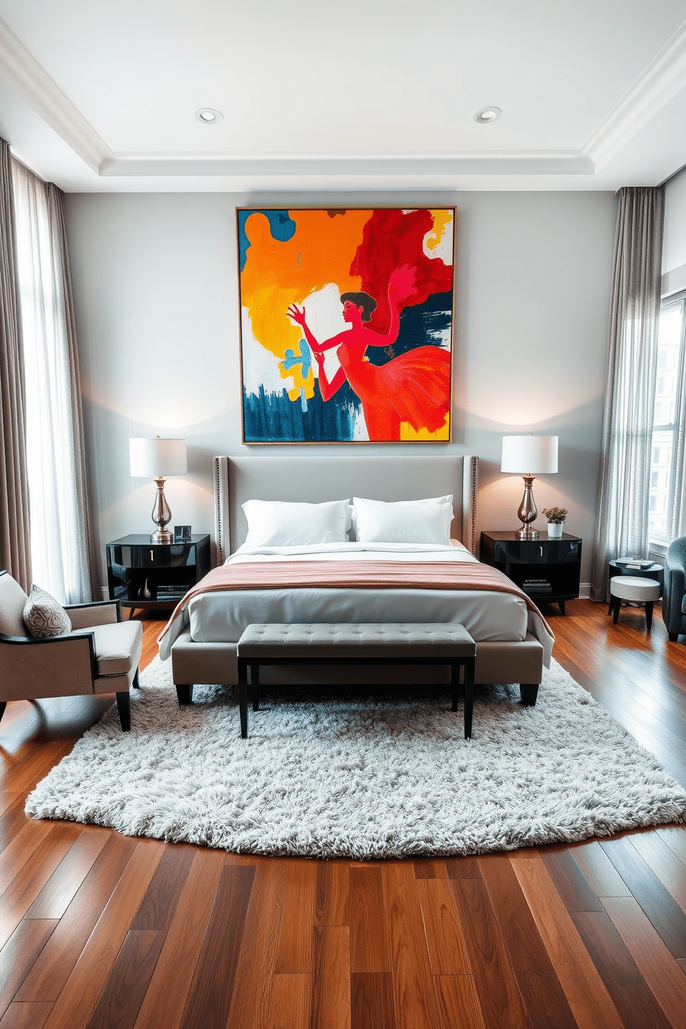 A luxurious master bedroom featuring oversized artwork as a focal point. The artwork is a vibrant abstract piece that draws the eye and complements the room's color palette. The bed is a king-size with a plush upholstered headboard and crisp white linens. Flanking the bed are stylish nightstands with elegant lamps that provide soft lighting for a cozy atmosphere. The walls are painted in a calming soft gray, enhancing the serene vibe of the space. A plush area rug lies beneath the bed, adding warmth and texture to the hardwood floor. Large windows allow natural light to flood the room, adorned with sheer curtains that provide privacy while maintaining an airy feel. A comfortable reading nook with a stylish chair and small side table is positioned near the window for relaxation.