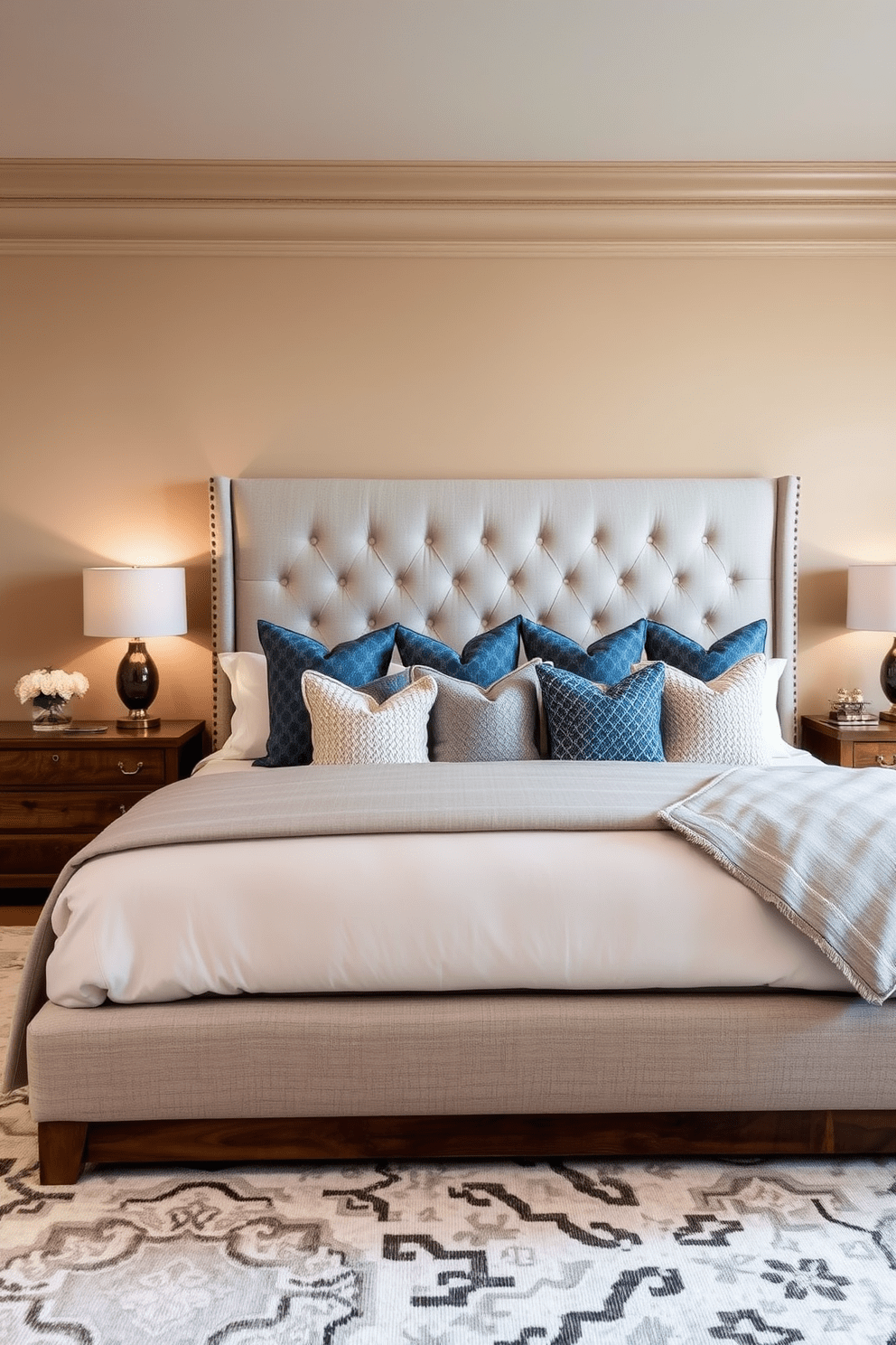 A luxurious master bedroom featuring a plush upholstered headboard in a soft gray fabric. The bed is adorned with an array of textured throw pillows in varying shades of blue and cream, creating a cozy and inviting atmosphere. The walls are painted in a warm beige tone, complemented by rich wooden accents in the furniture. A large area rug with a subtle geometric pattern anchors the space, while soft lighting from bedside lamps adds to the serene ambiance.