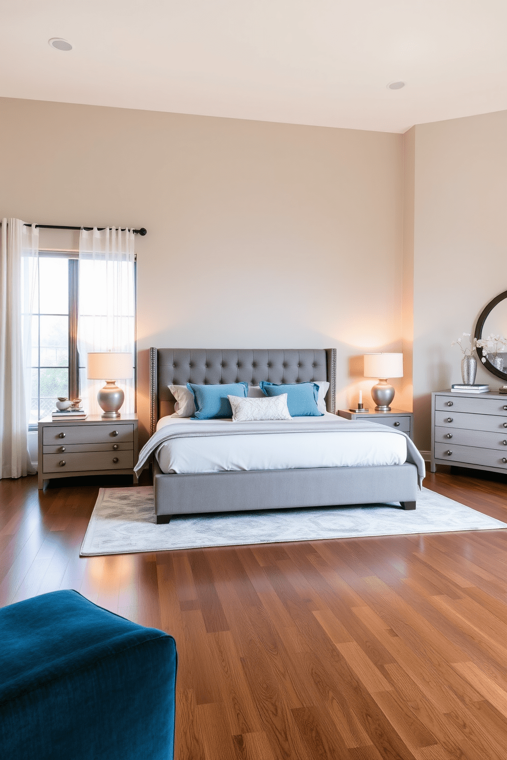 A serene master bedroom featuring a king-sized bed with a plush upholstered headboard centered against the wall. Flanking the bed are two matching nightstands with elegant lamps that provide soft ambient lighting. The color palette consists of soft neutrals and calming blues, creating a tranquil atmosphere. A large area rug lies beneath the bed, adding warmth and texture to the hardwood floor. On the opposite wall, a stylish dresser complements the nightstands, adorned with decorative items and a mirror above it. Large windows draped with sheer curtains allow natural light to fill the room, enhancing the overall sense of openness.