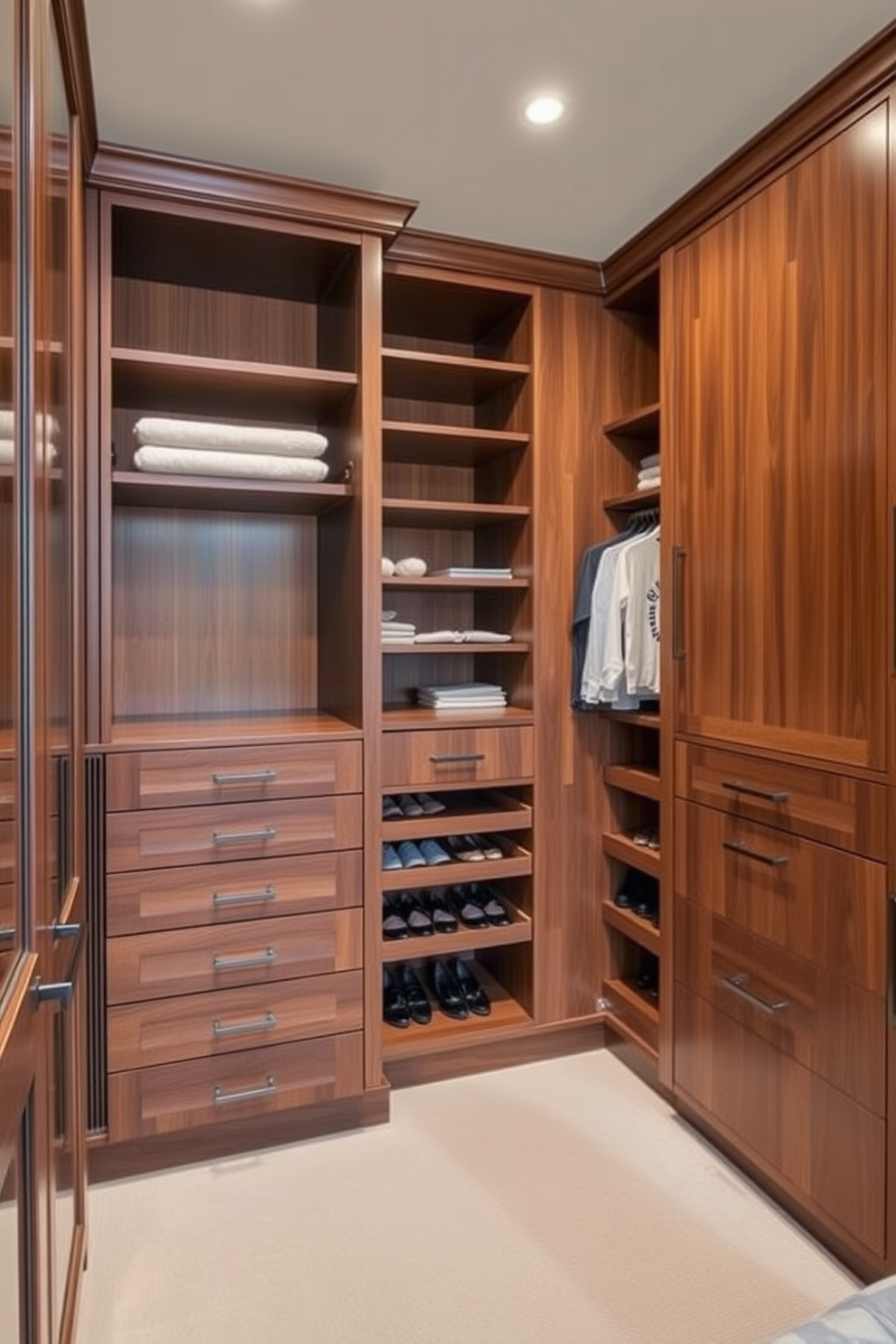 Custom cabinetry for maximum storage in a master bedroom walk-in closet features floor-to-ceiling wooden cabinets with a rich walnut finish. The design includes pull-out drawers, adjustable shelving, and dedicated sections for shoes and accessories, creating an organized and luxurious space.