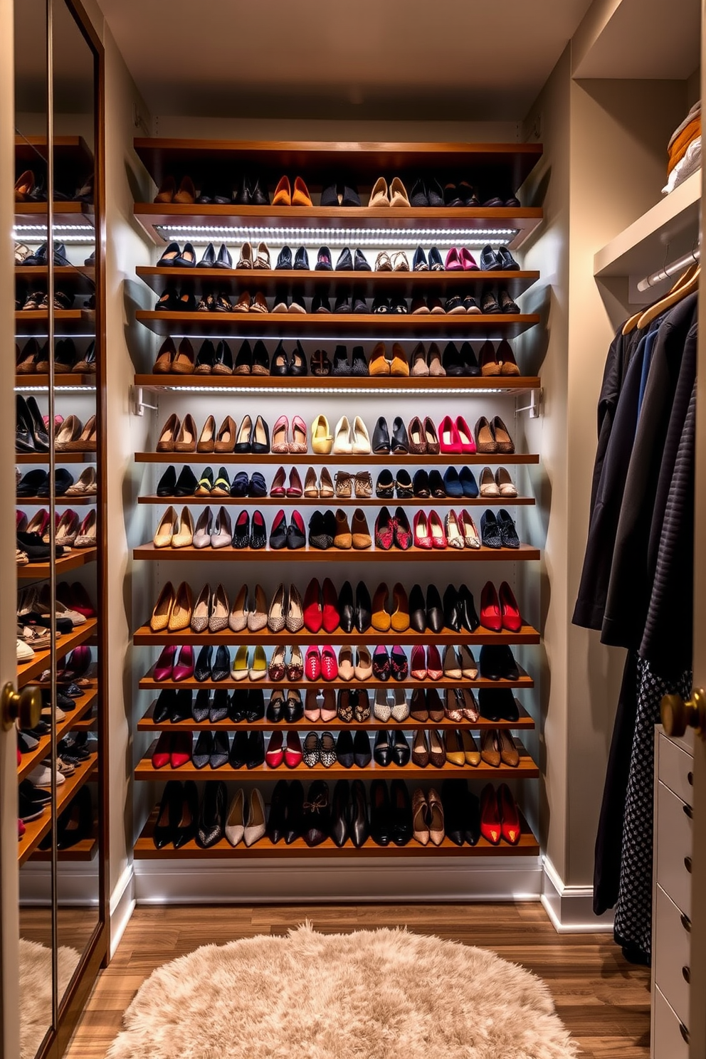 A stylish shoe wall featuring tiered racks is the focal point of the master bedroom walk-in closet. The racks are crafted from sleek wood, showcasing a variety of shoes arranged by color and style for easy access. Soft ambient lighting highlights the shoe display while a plush area rug adds warmth to the space. The walls are painted in a calming neutral tone, creating an inviting atmosphere for this organized and functional closet design.