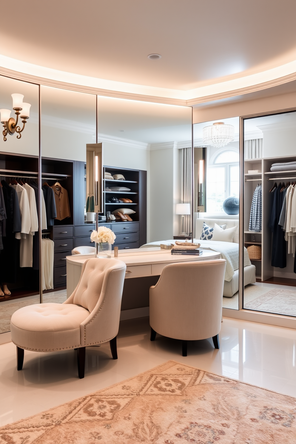 A luxurious dressing area featuring a full-length mirror that reflects natural light. The space is adorned with elegant lighting fixtures and plush seating, creating a serene atmosphere. The master bedroom walk-in closet offers ample storage with custom shelving and hanging space. Soft, neutral colors enhance the feeling of spaciousness, while a chic rug adds warmth underfoot.