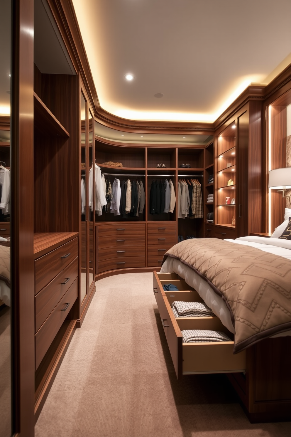 A luxurious master bedroom walk-in closet featuring pull-out drawers for hidden storage. The space is designed with elegant wood finishes and soft ambient lighting, creating a serene atmosphere for organizing clothing and accessories.