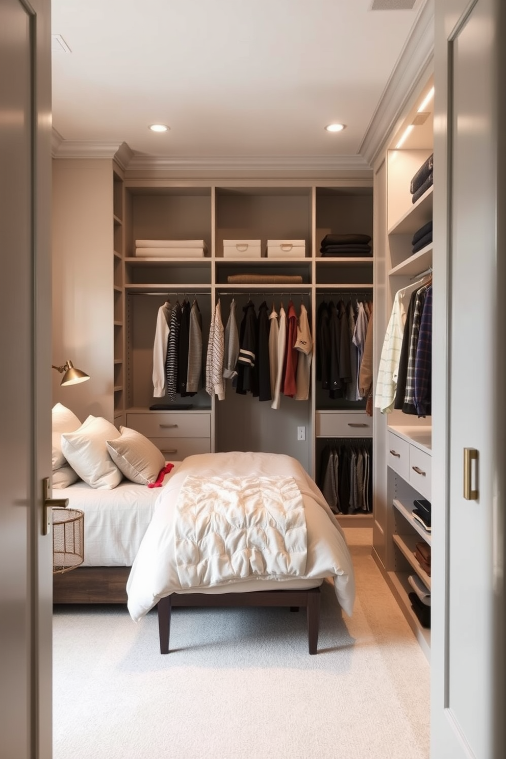 A serene master bedroom walk-in closet designed with neutral tones to create a calming atmosphere. The space features custom shelving and hanging areas, complemented by soft lighting that enhances the tranquil ambiance.