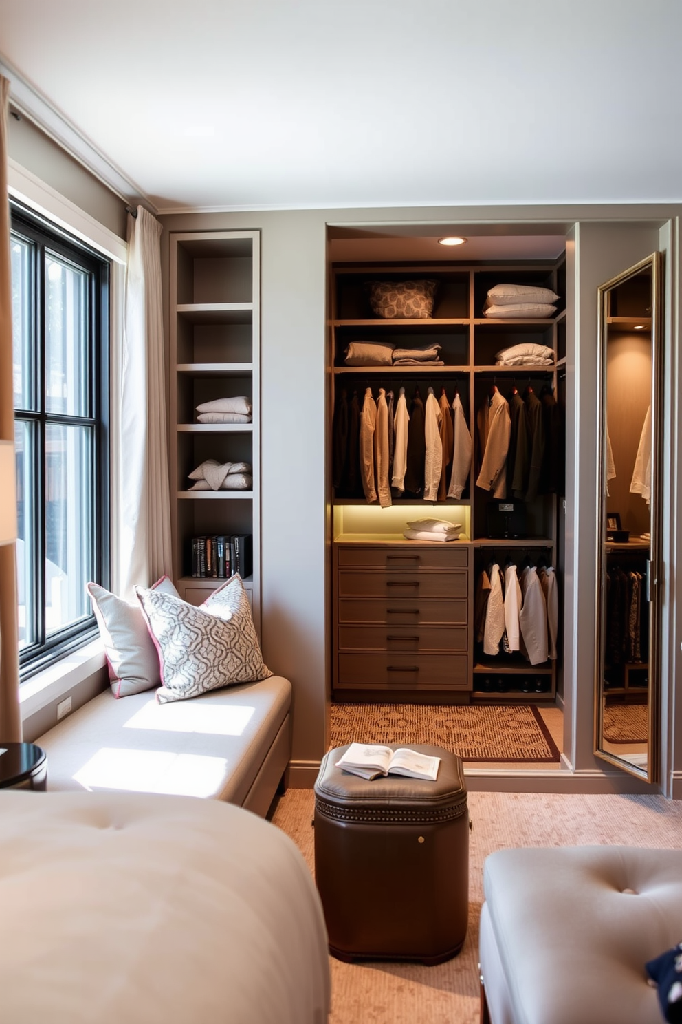 A cozy seating nook by the window in the master bedroom features a plush upholstered bench with soft cushions and a small side table. Natural light floods the area, creating a serene reading corner adorned with decorative pillows and a small bookshelf. The walk-in closet design includes built-in shelving and hanging space, maximizing storage while maintaining an elegant aesthetic. Soft lighting highlights the organized layout, with a central island for accessories and a full-length mirror enhancing the luxurious feel.