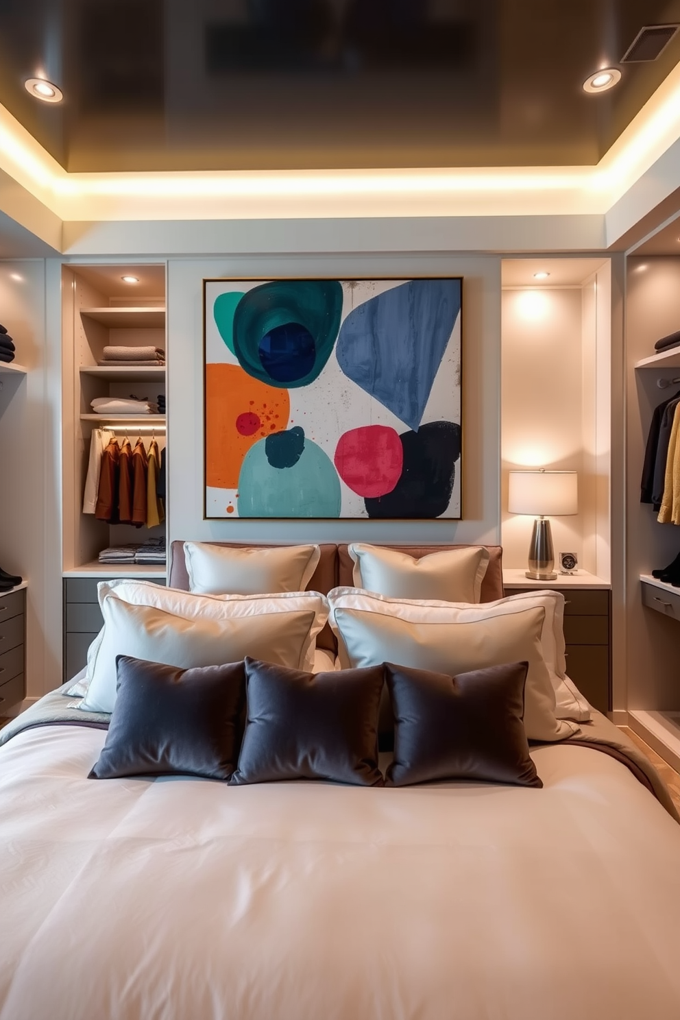 Personalized artwork for style statement. A large canvas featuring abstract shapes and vibrant colors is hung above a plush king-sized bed dressed in luxurious linens. Master Bedroom Walk-In-Closet Design Ideas. The closet features custom-built shelving and hanging spaces, illuminated by soft recessed lighting.