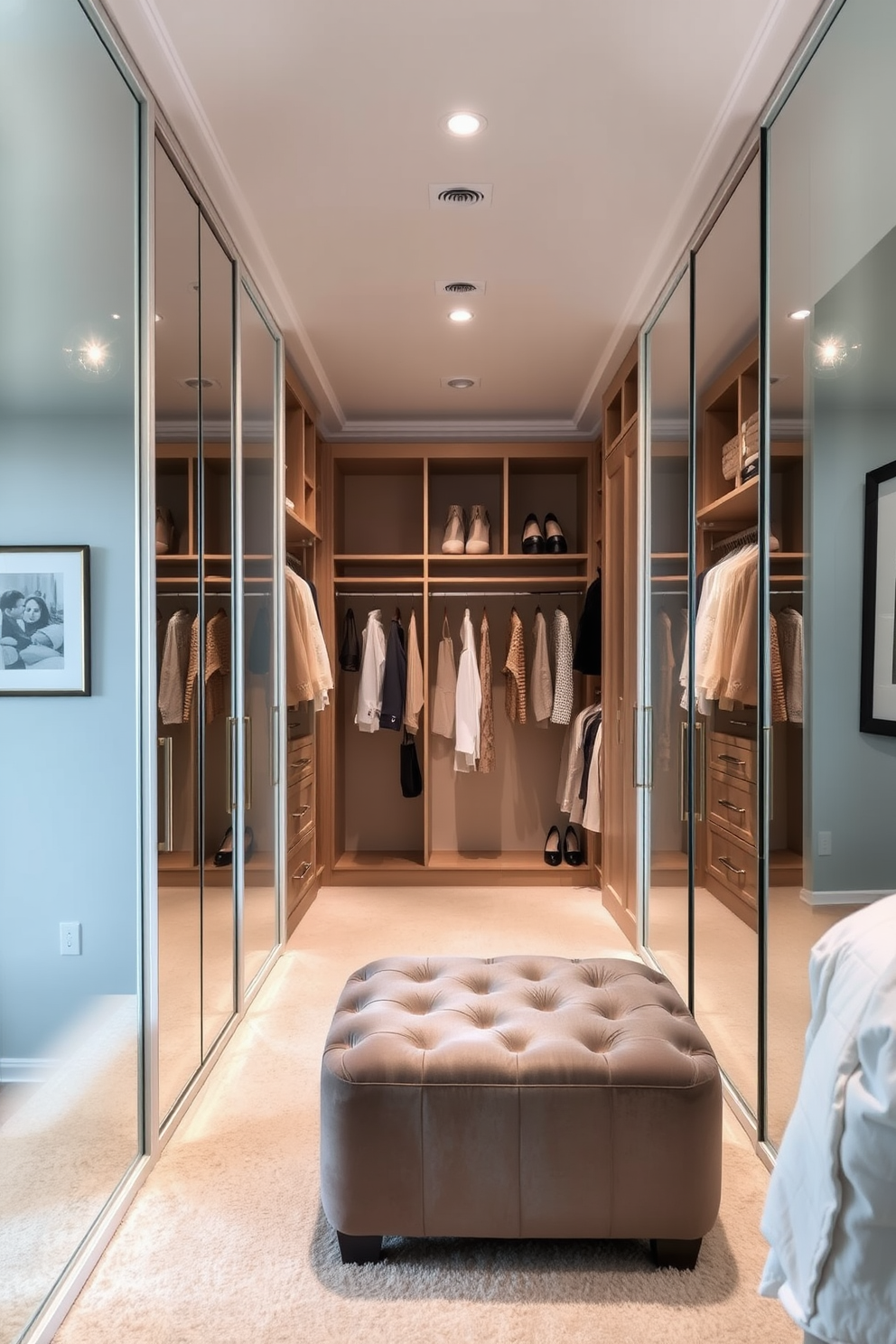 A luxurious master bedroom walk-in closet featuring mirrored doors that enhance the sense of space and depth. The design includes custom shelving and hanging areas, with elegant lighting fixtures illuminating the stylish organization. The color palette consists of soft neutrals and warm wood tones, creating a serene and inviting atmosphere. Plush carpeting underfoot adds comfort, while decorative accents like a chic ottoman and framed artwork complete the sophisticated look.