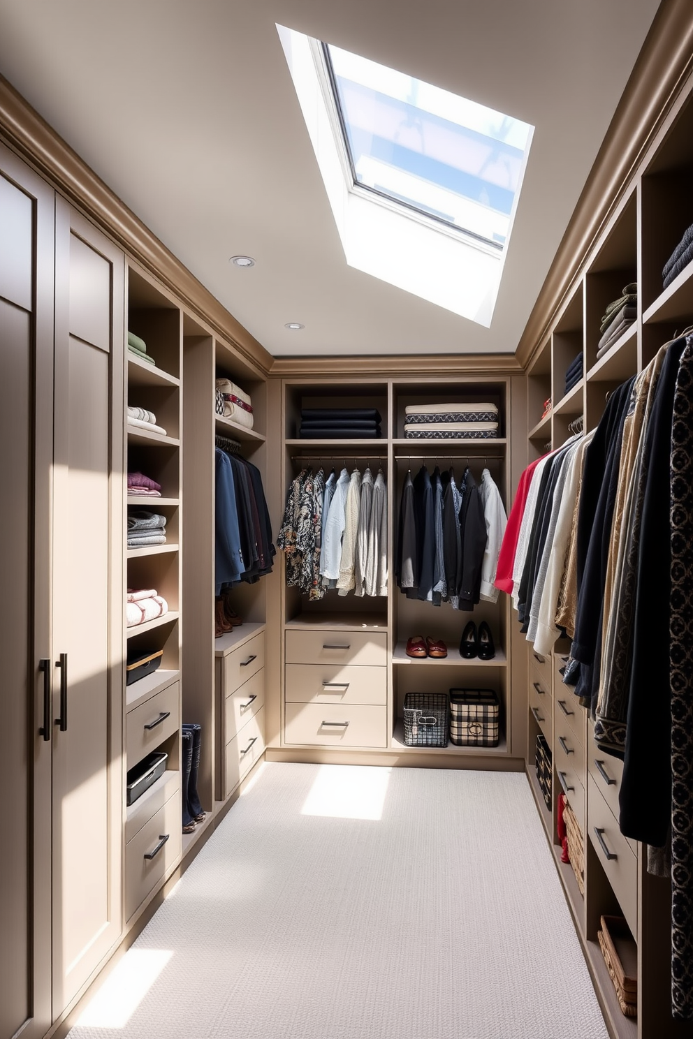 A serene master bedroom walk-in closet bathed in natural light from a skylight installation. The space features custom cabinetry with a mix of open shelving and closed storage, elegantly organized to showcase an array of clothing and accessories.