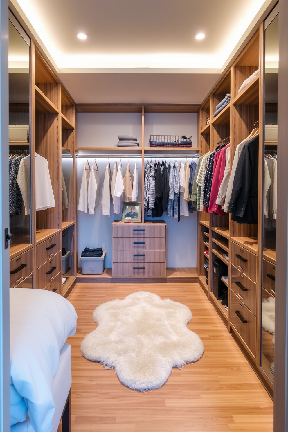 A serene master bedroom walk-in closet featuring bamboo flooring for an eco-friendly choice. The space includes custom-built shelving and hanging rods, with soft LED lighting illuminating the area. A plush area rug lies in the center, providing comfort underfoot. Elegant storage solutions are integrated into the design, ensuring a clutter-free and organized environment.