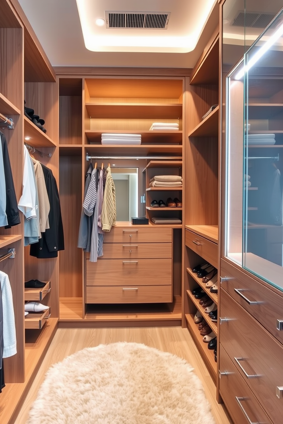 A master bedroom walk-in closet featuring adjustable shelving to provide flexibility and maximize storage options. The design includes a combination of hanging rods, shoe racks, and drawers, all arranged to create an organized and functional space. Soft ambient lighting illuminates the closet, enhancing the warm wood finishes and neutral color palette. A plush area rug adds comfort underfoot, while a full-length mirror reflects the elegance of the overall design.