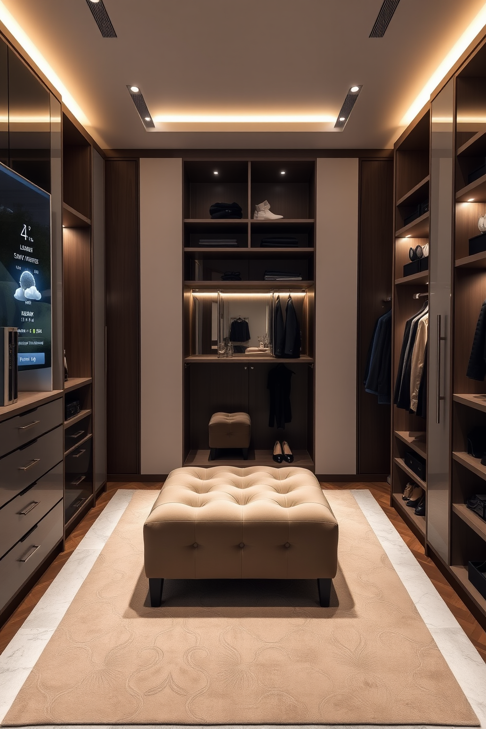 A luxurious master bedroom walk-in closet featuring integrated technology for modern convenience. The space includes automated lighting and a smart mirror that displays the weather and outfit suggestions. Elegant shelving units are arranged to maximize storage while maintaining a sleek aesthetic. A plush ottoman sits in the center, providing a comfortable spot for dressing, surrounded by soft ambient lighting.