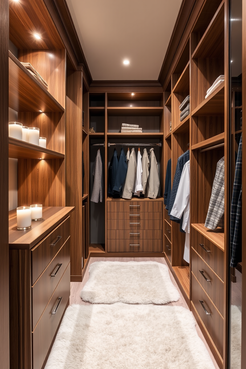 A master bedroom walk-in closet designed for elegance and functionality. The space features custom shelving and hanging racks made of rich wood, complemented by soft, ambient lighting. Fragrant candles are strategically placed on the shelves, adding a warm and inviting aroma. Plush rugs in neutral tones enhance the comfort of the space, creating a serene retreat for personal belongings.